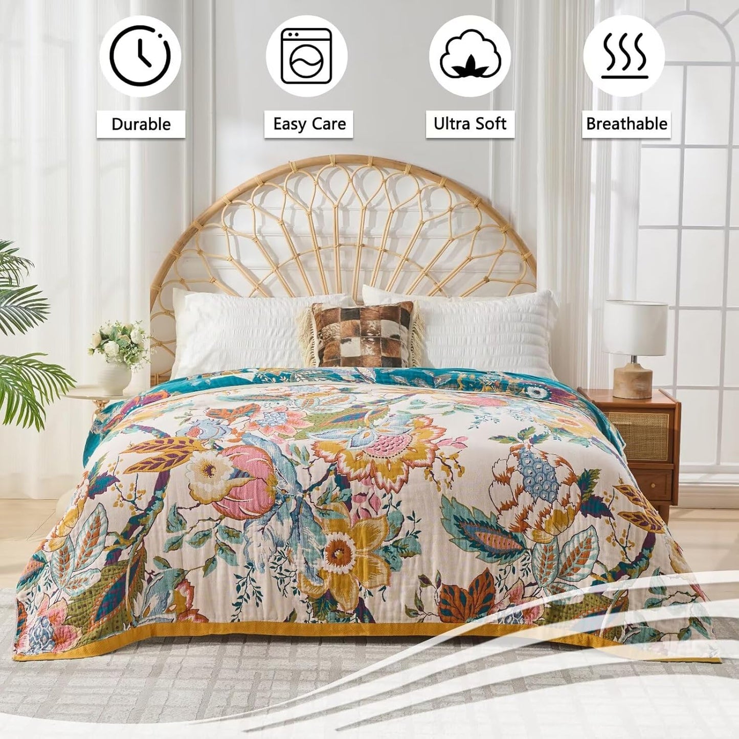 Ultra Soft Lightweight Cotton Quilts,Cozy Summer Boho Throw Blankets,Lightweight Reversible Muslin Blanket Decor Blankets for Armchair Travel, 80"x90" Large Muslin Mexican Throw Blanket