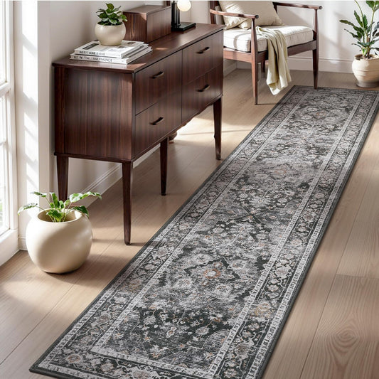 AMOAMI-2X10 Runner Rug-Washable Runners for Hallways-Soft Non Slip Bedside Rugs for Bedroom-Vintage Long Rug for Hallways Entryway Laundry Room Stair Kitchen Bathroom Dark Grey & Black