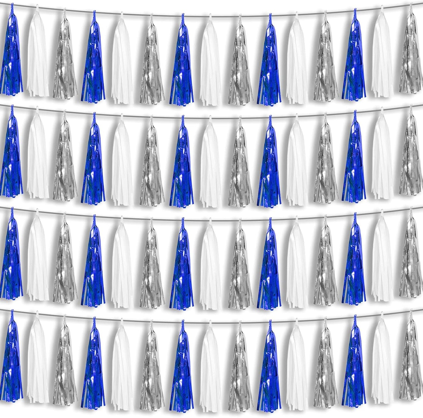 4P Navy-Blue White-Silver Foil Fringe Metallic Tassel Garland Banner, Tassels Banner Streamers for Parade Floats, Bachelorette, Wedding, Birthday, Halloween, Bridal/Baby Shower Party Decorations