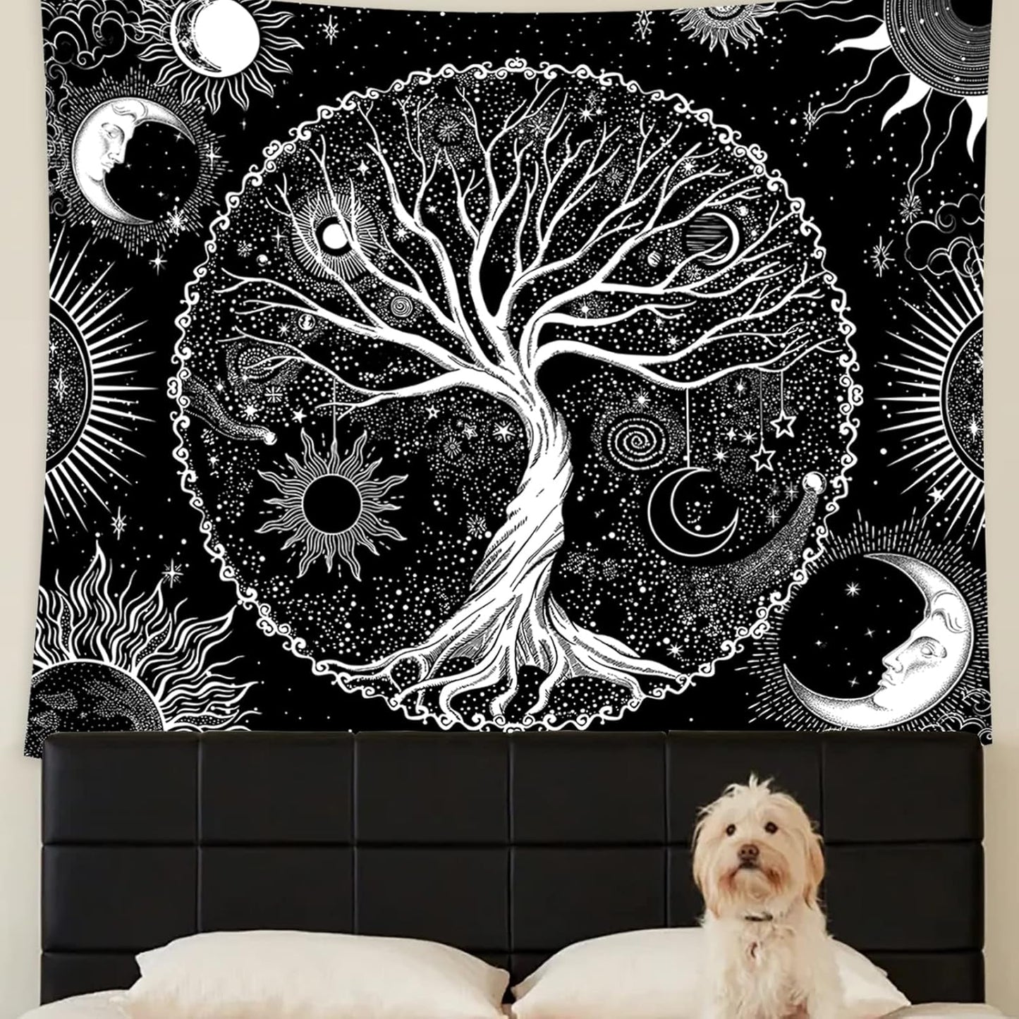 AACKart Tree of Life Tapestry for Bedroom Aesthetic Room Decor-Black and White Spiritual Tree Tapestry Wall Hanging with Sun Moon Star 78.7×59.1 inches