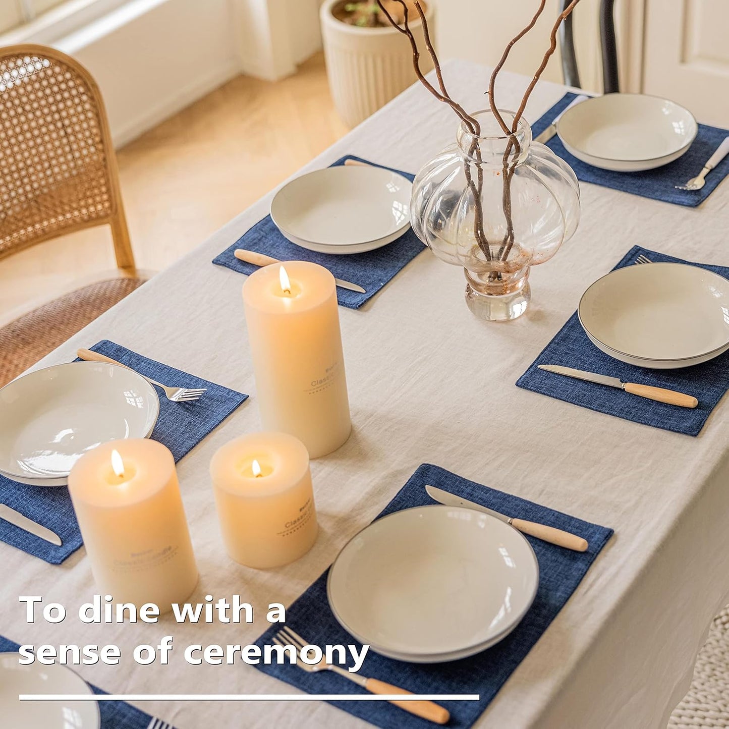 Home Brilliant Placemats Set of 6 Linen Blue Placemats Heat Resistant Dining Table Place Mats Kitchen Table Mats, Indigo
