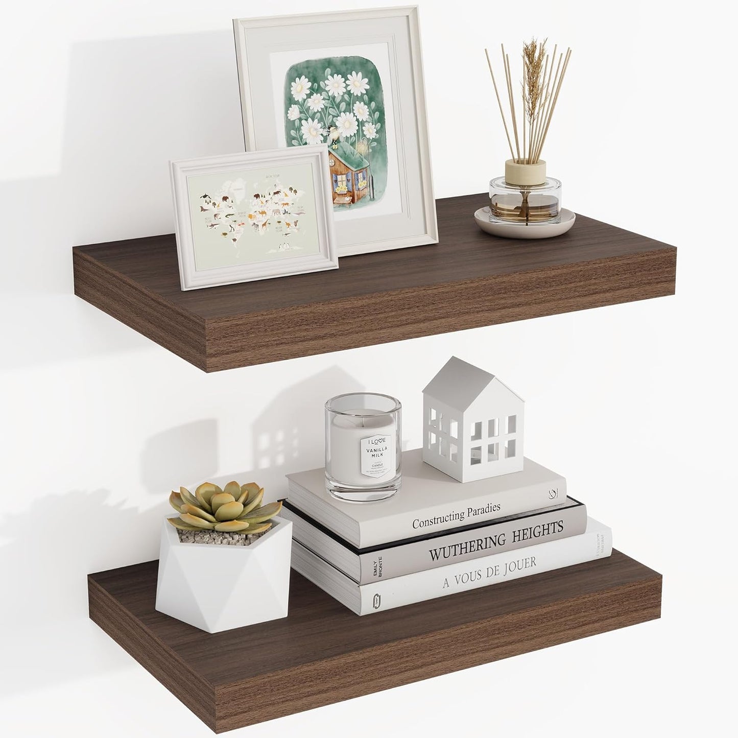 16 Inch Floating Shelves, 16"x9.25"x1.5" Inch Deep Floating Shelves for Wall, Wooden Shelves for Bathroom, Bedroom, Living Room, Walnut