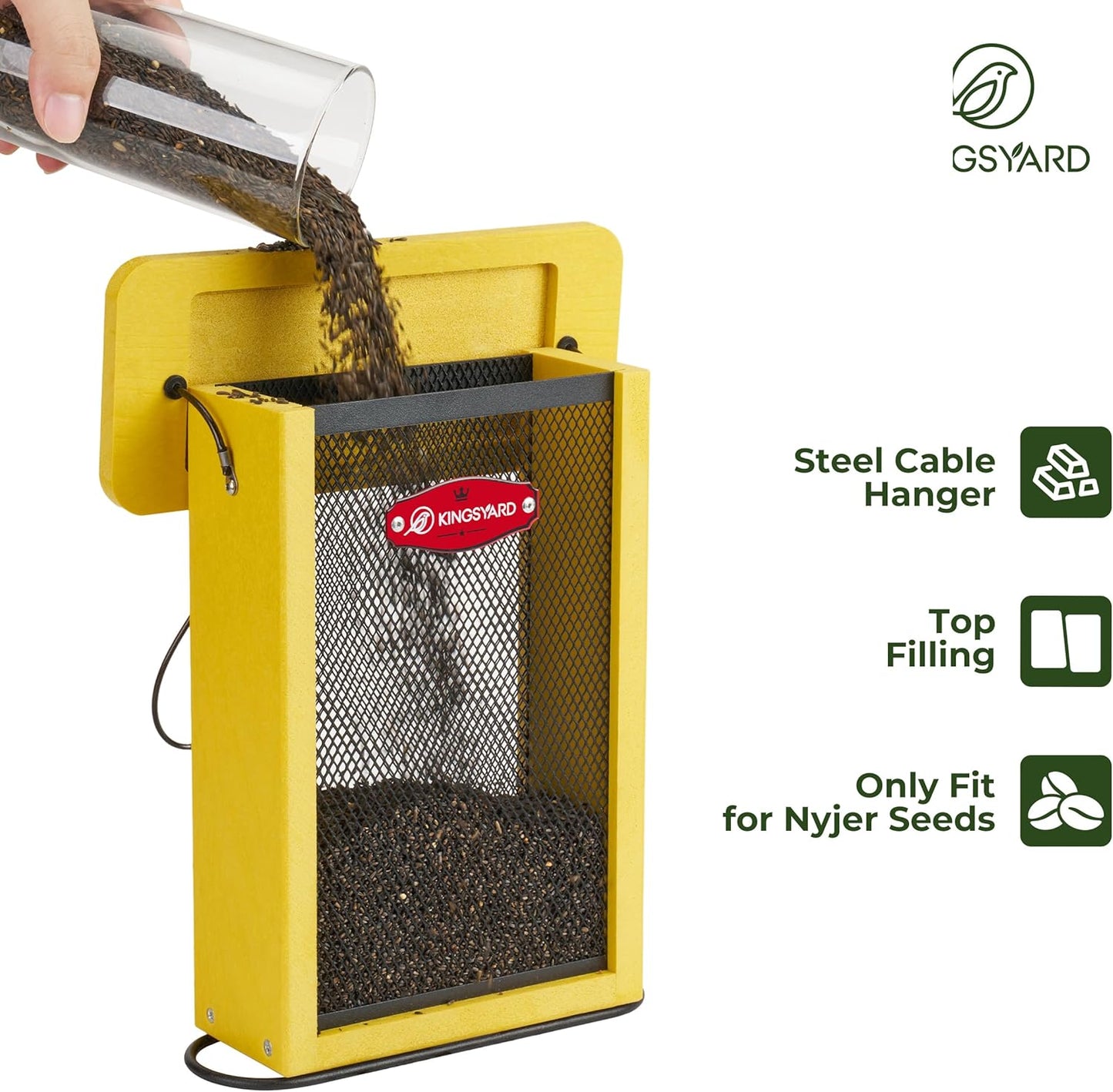 Kingsyard Metal Mesh Bird Feeder for Outdoors Hanging, Finch Feeder for Nyjer/Thistle, Sliding Mesh & Built-in Perch, Recycled Plastic, Yellow