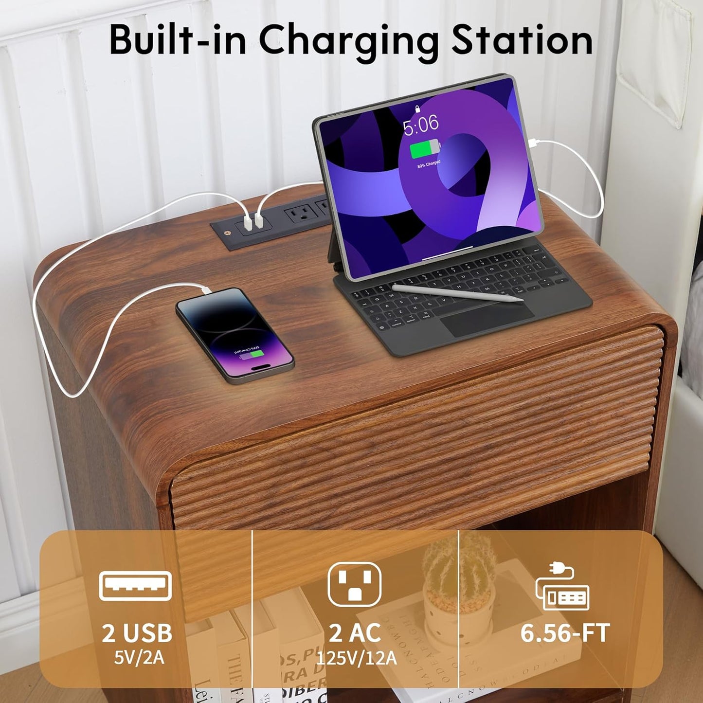 Fluted Nightstand Set of 2 with Charging Station, Modern Bed Side Table End Table with Drawer Storage, Large Wooden Night Stands Bedside for Bedroom Living Room Sofa Office, Walnut 2 Sets