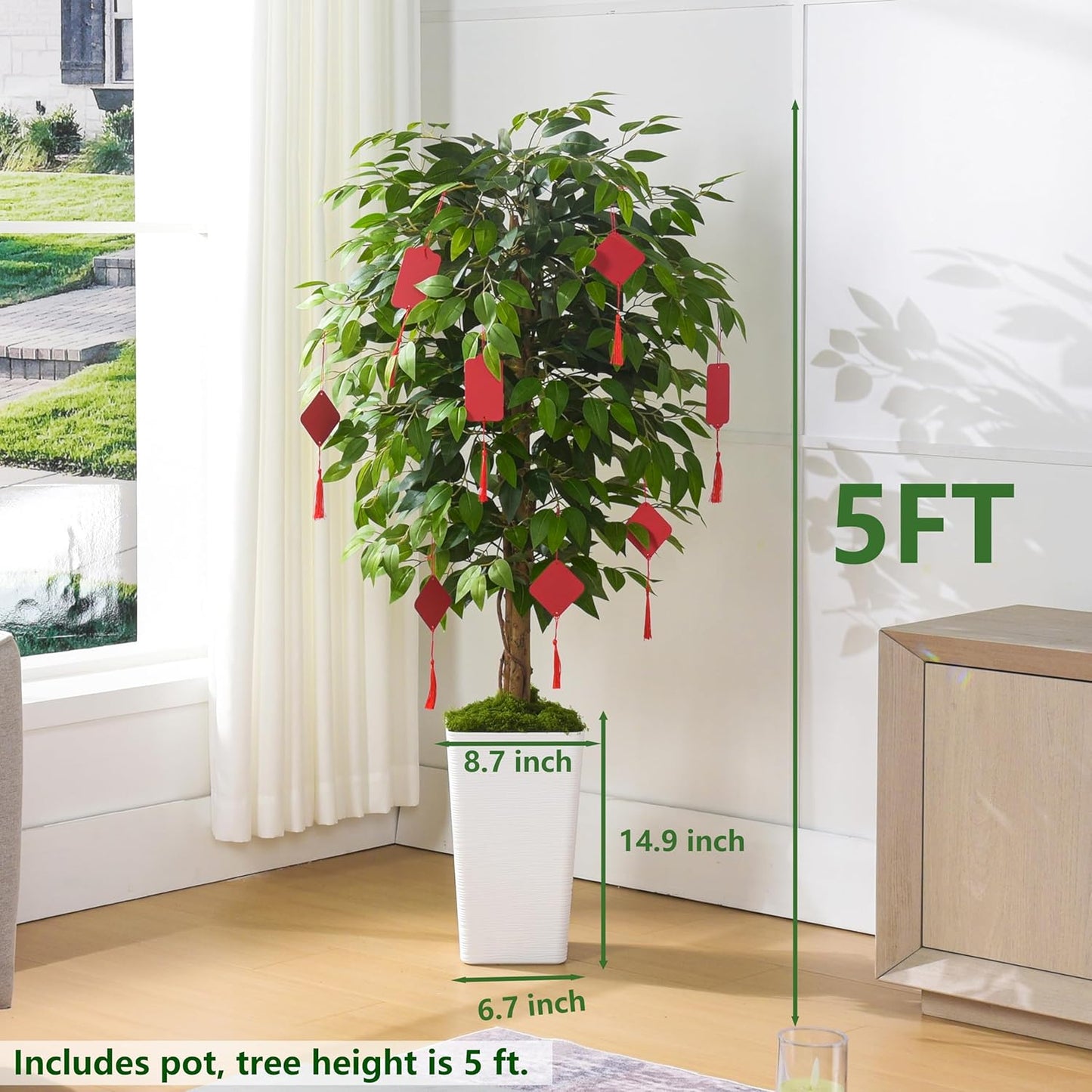 Artificial Ficus Tree 5FT Faux Floor Tree with Planter UV Resistant Potted Fake Silk Plant, Real Wood Trunk-Indoor Outdoor Lifelike Fake Ficus Tree for Home, Living Room Bedroom Topiary Tree
