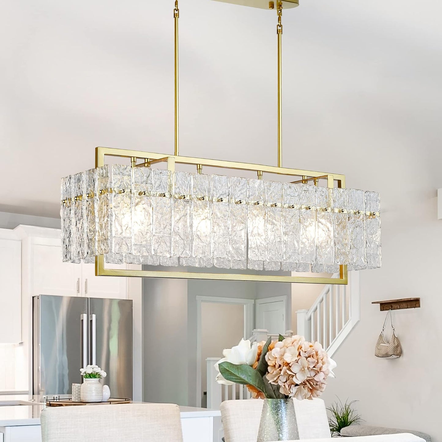 IKK Modern Gold Rectangle Chandeliers for Dining Room, Crystal Water Ripple Light Fixture, Elegant Farmhouse Linear Lighting for Kitchen Island, Bar Table, L33 x W9 x H12