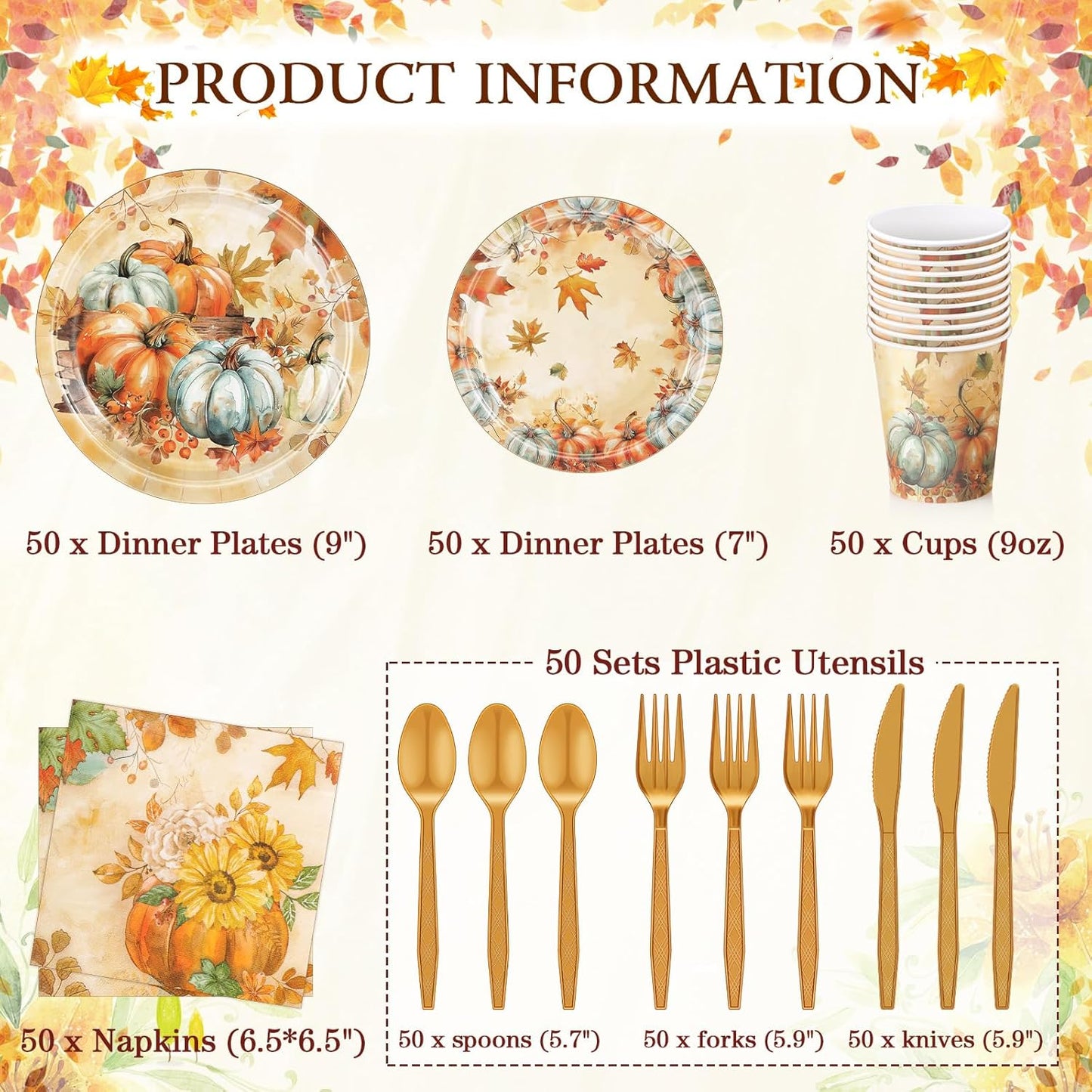 350 Pcs Thanksgiving Fall Party Supplies Maple Leaf Dinnerware Set Disposable Plates Napkins Paper Cups Plastic Cutlery for Autumn Thanksgiving Harvest Party Decor Serves 50(Pumpkin)