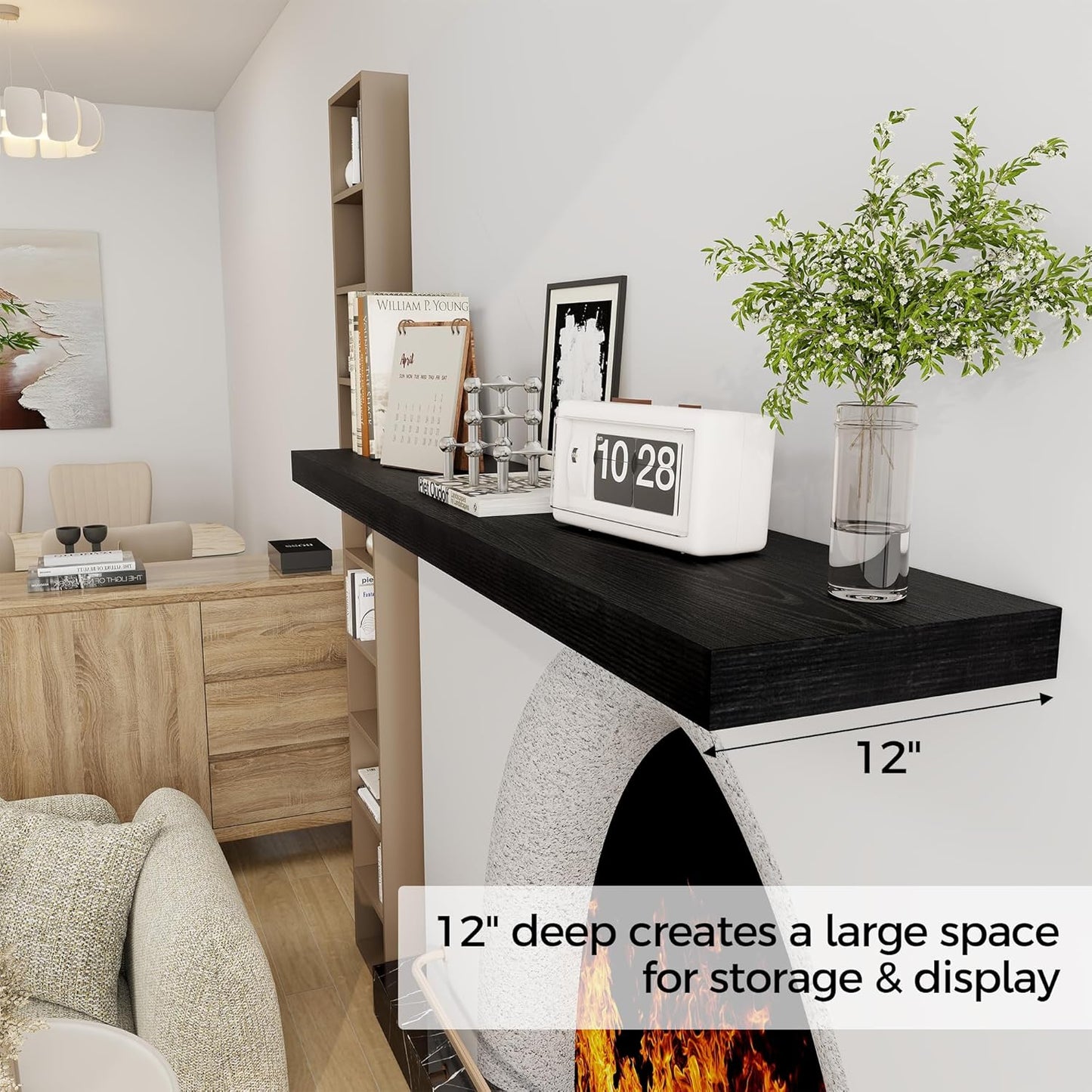 Black Floating Shelves 55 Inch Long, 12 Inch Deep Floating Shelves for Wall, 55 x 9 Large Floating Shelf for Fireplace Mantel, 2" Thicked Wall Shelves for Living Room, Bedroom Storage, 1 Pack