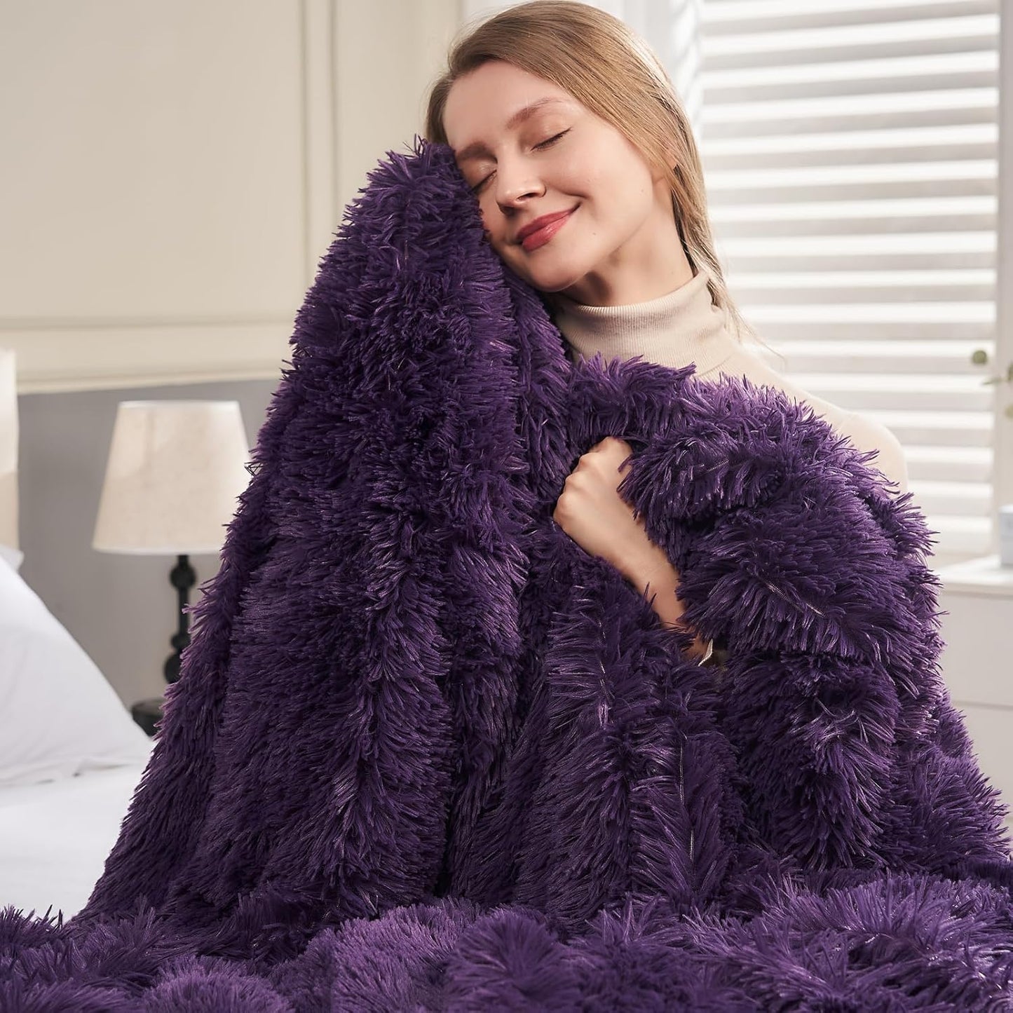 GONAAP Fuzzy Faux Fur Throw Blanket Queen Size Purple Super Soft Cozy Plush Fuzzy Shaggy Blanket for Couch Sofa Bed (Purple, Queen(90"x90"))