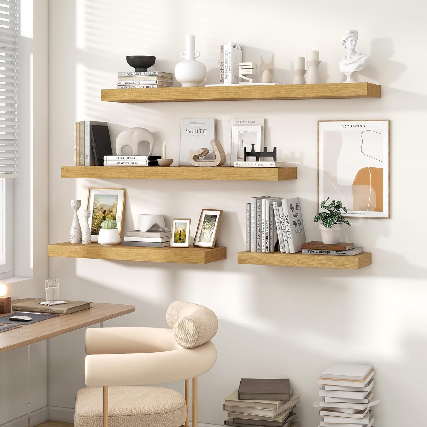 Heimlove 36 Inch Floating Shelves for Wall,10 Inch Deep Wood Shelves with Invisible Brackets,Wall Mounted Storage & Display Shelves for Bedroom,Living Room,Kitchen,Office,Oak Color