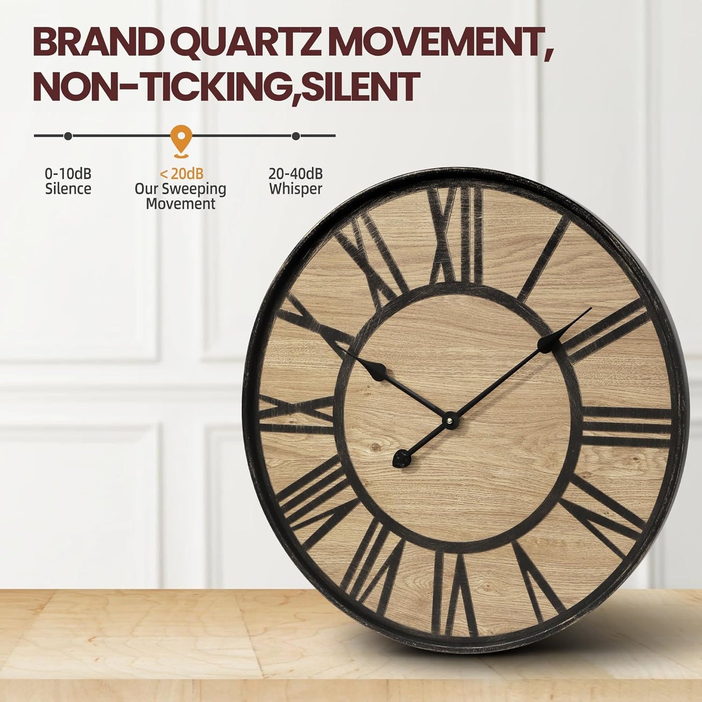 Large Wall Clock for Living Room Decor, Non Ticking Silent, Battery Operated Modern Vintage Wood Oversized Decorative Wall Clock for Bedroom Kitchen Farmhouse Office Decor