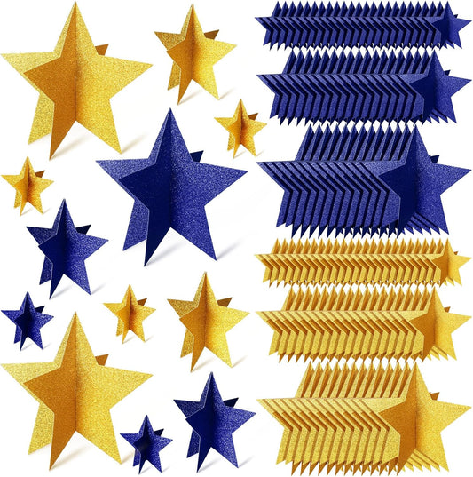 45 Pcs 3D Star Centerpieces Movie Night Decorations for Table in 3 Sizes Hanging Supplies for Red Carpet Film Show Theme Birthday New Year Party First Day of School Table Decor(Blue, Gold)
