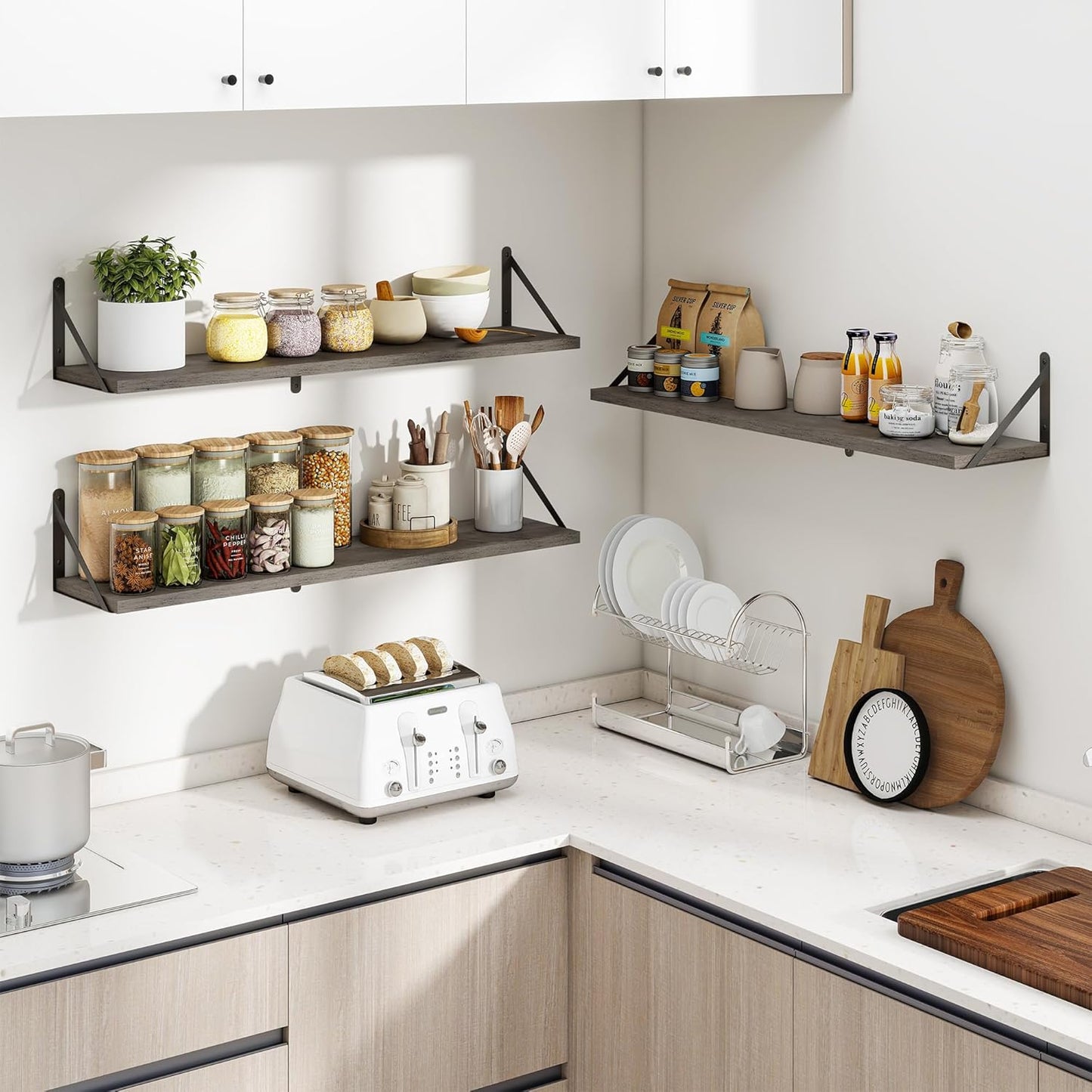 Heimlove 36 Inch Floating Bookshelves Set of 3,Wall Bookshelf Heavy Duty Wall Mounted Bookshelves for Living Room,Bedroom,Kitchen,Laundry Room Storage & Decor,Silver Grey