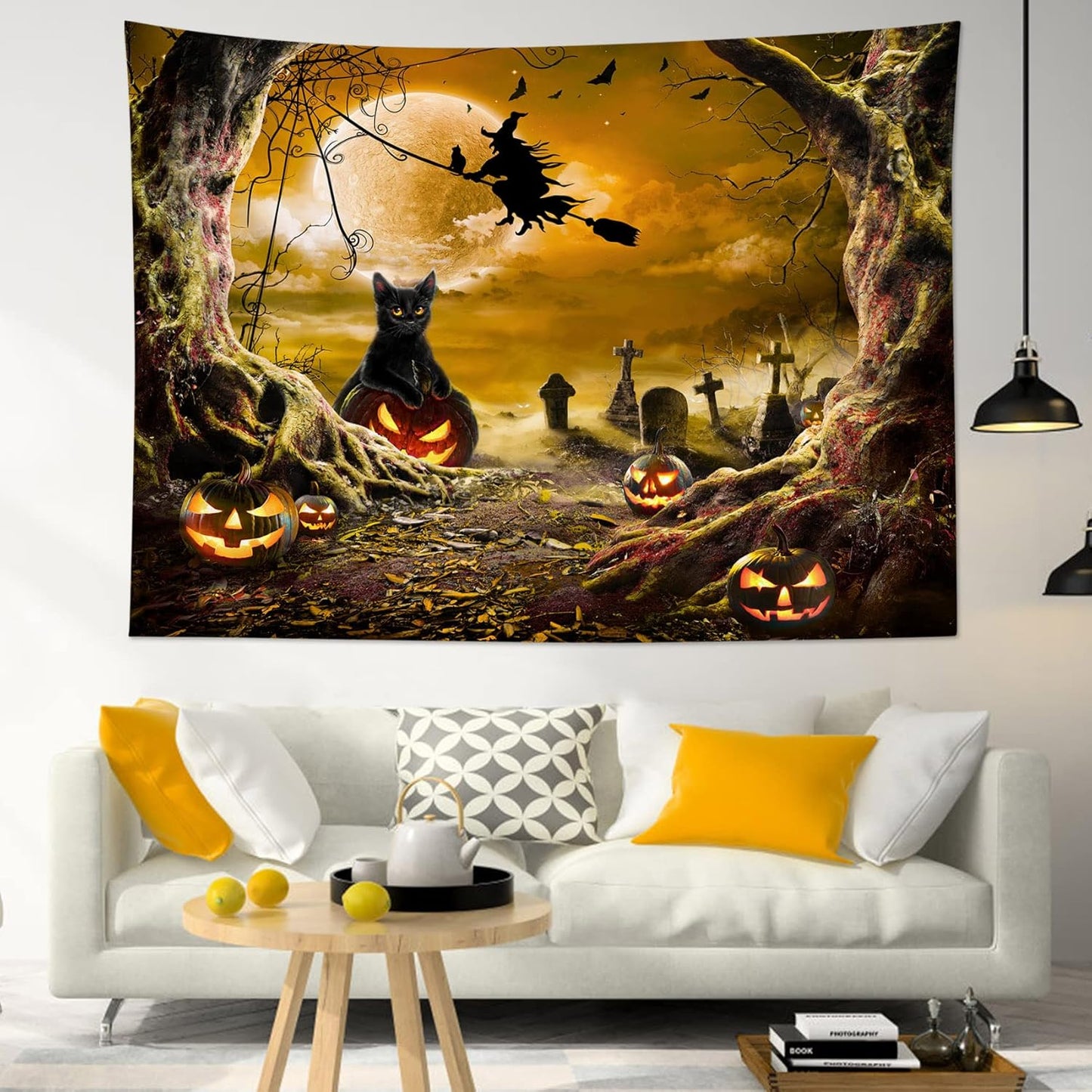 LB Halloween Wall Tapestry Horror Witch Cat and Dead Tree Pumpkin Lights with Spooky Graveyard Tapestry Orange Full Moon over Misty Forest Wall Decor for Bedroom Living Room Dorm 60x40 Inches