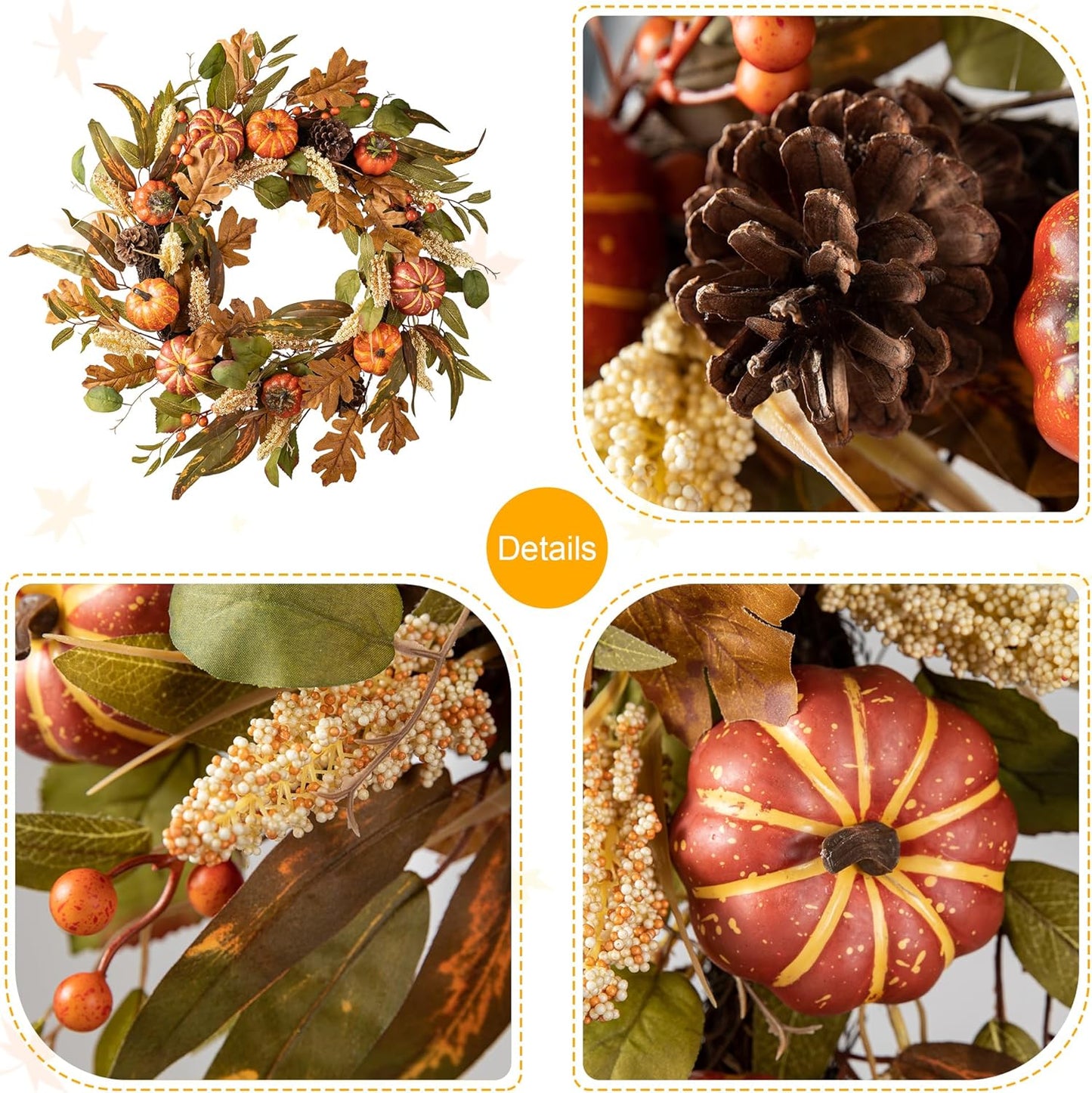 Glitzhome 24''D Fall Pumpkin Leaf Floral Wreath Decor, Artificial Harvest Door Wreath for Autumn or Thanksgiving Decoration