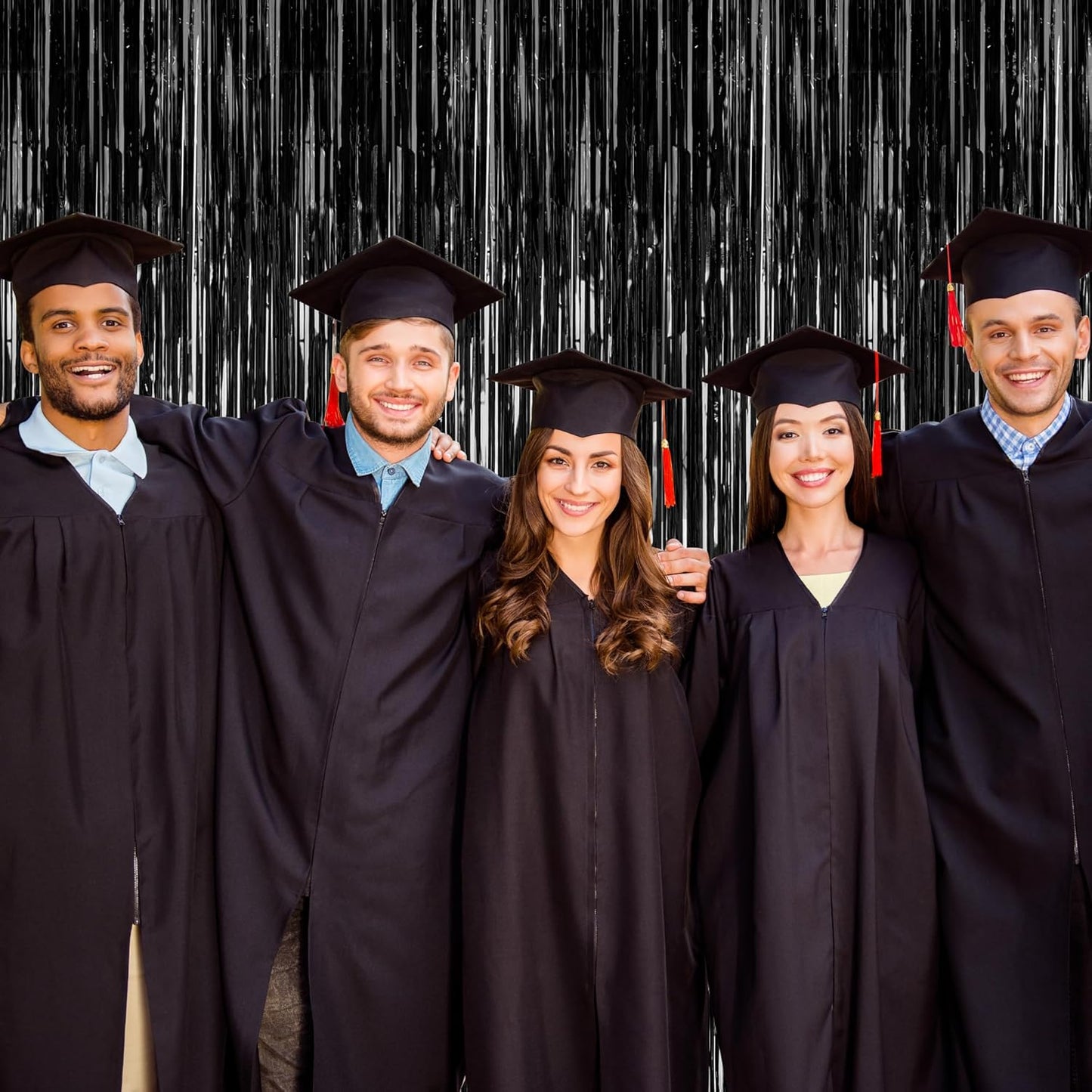 2 Pack 2025 Graduation Party Decorations, 3.28 FT x 7.05 FT Black Backdrop, Metallic Graduation Photo Backdrop Fringe Curtains Tinsel Backdrop Foil Streamer, Grad Party Supplies Photo Booth Props