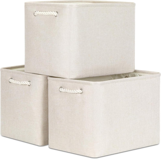Bidtakay Large Storage Baskets for Shelves 3 Pack Fabric Storage Bins for Organizing Linen Collapsible Organizer for Closet-Light Biege