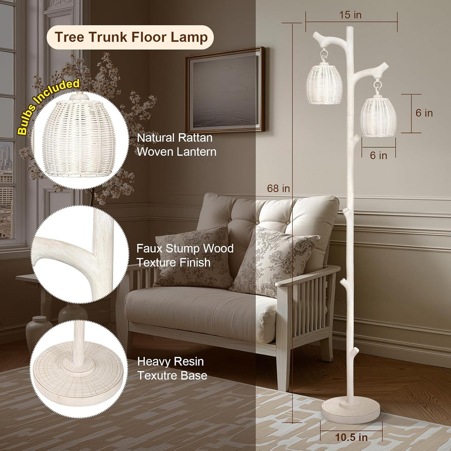 Scenekoy Rustic 68” Tall Floor Lamp with Rattan Shade, Retro Standing Lamp Tree Trunk Washed White Finish & Resin Body, Dimmable Corner Lamp with Bulb Prefer for Living Room Bedroom Home Decor