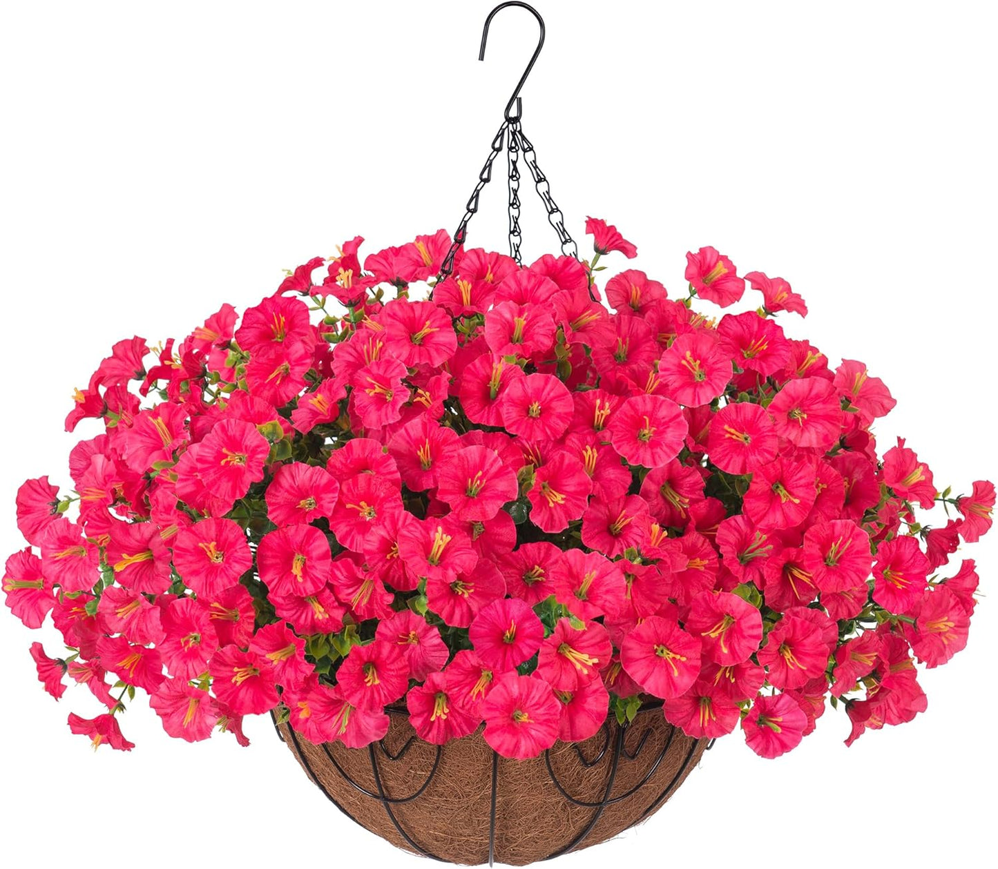 Artificial Faux Hanging Plants Flowers Basket for Outdoor Outside Spring Summer Decoration, Silk Morning Glory in Planter UV Resistant Look Real Fake Flower for Porch Patio Balcony Home Yard, Hot Pink