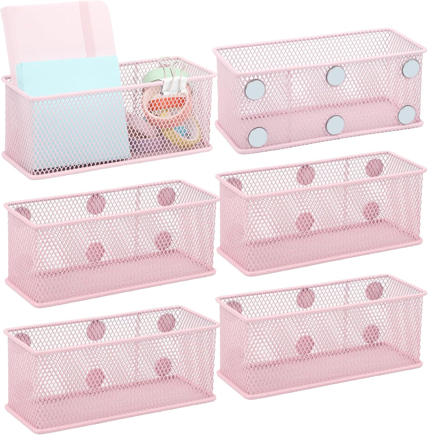 EASEPRES Magnetic Pencil Holder Set of 6 - Wire Mesh Storage Baskets Organizer with Strong Magnets - Perfect for Whiteboard, Refrigerator and Locker Accessories, Pink