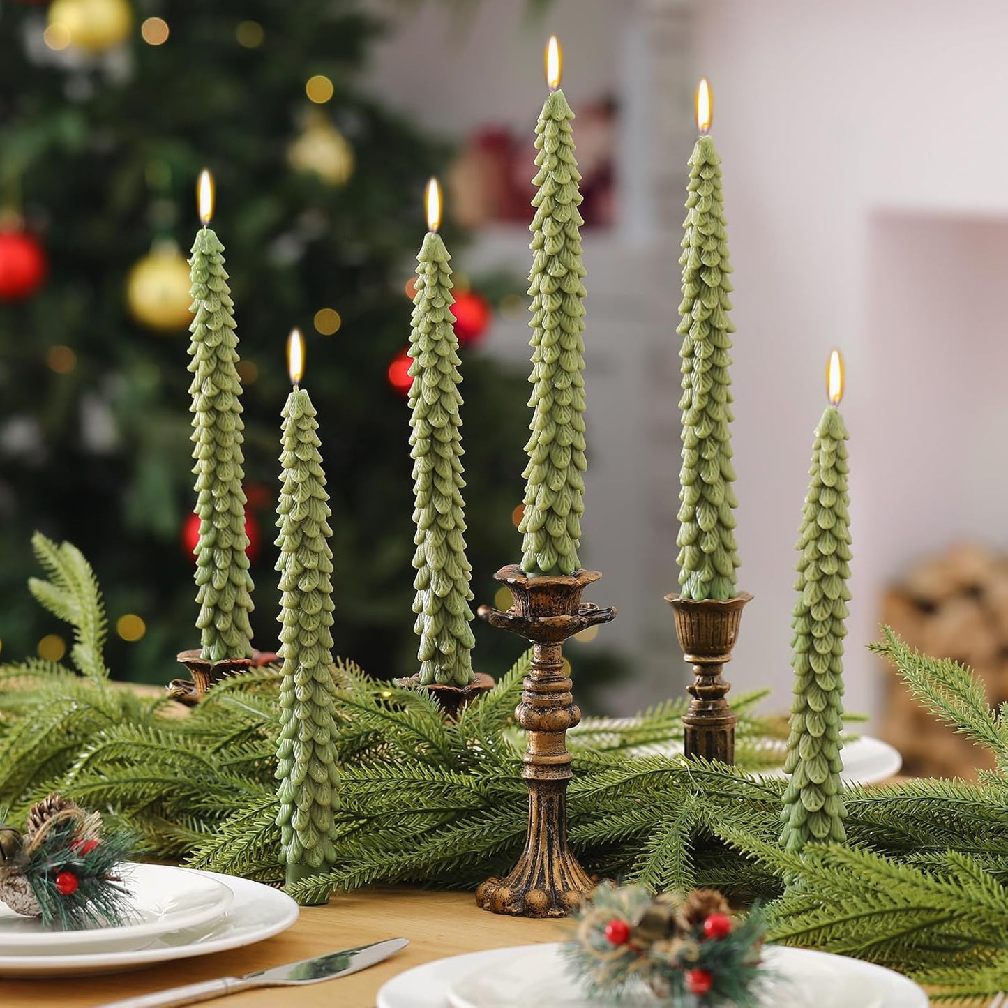 6 Pcs Christmas Tree Shaped Candles Xmas Wax Scented Candles Dark Green Decorative Christmas Tree Gifts for Xmas Eve Winter Holiday Party New Year Bedroom Room Table Decor, Attractive Style