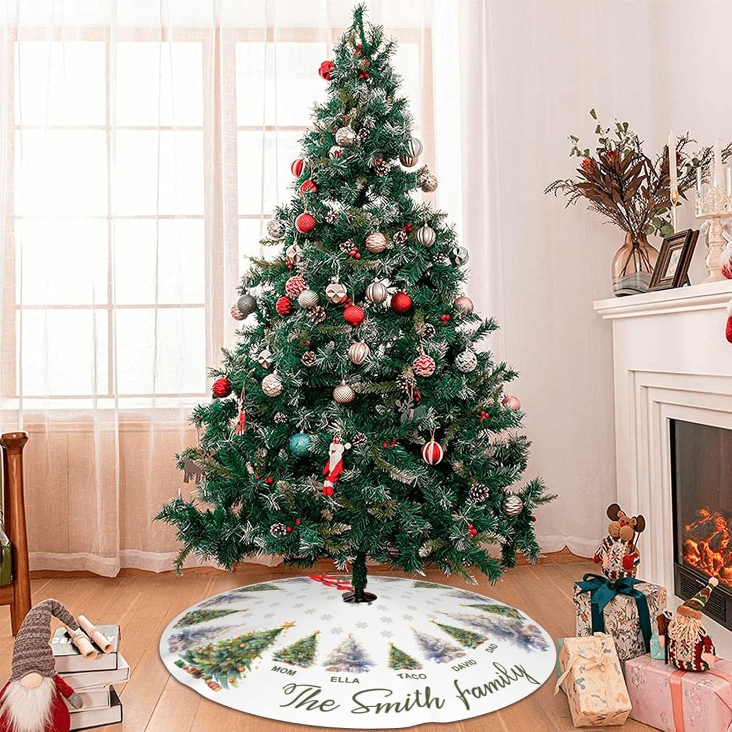 Custom Family Tree Christmas Tree Skirt with Name, Personalized Holiday Xmas Tree Decor Gifts for Party Home, 30" - 48"