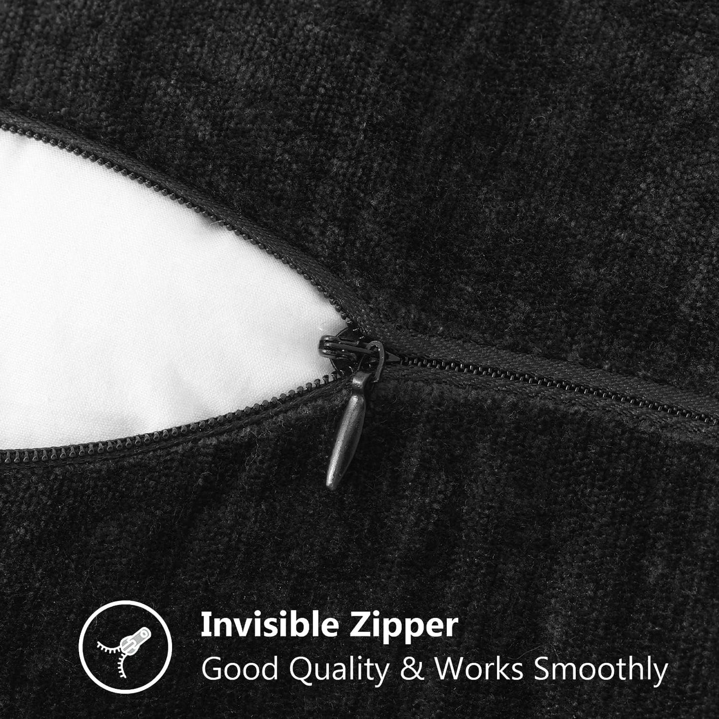 decorUhome Chenille Soft Throw Pillow Covers 24x24 Set of 2, Farmhouse Velvet Neutral Decorative Euro Pillow Covers with Stitched Edge for Couch Sofa Bed Home Decor, Black