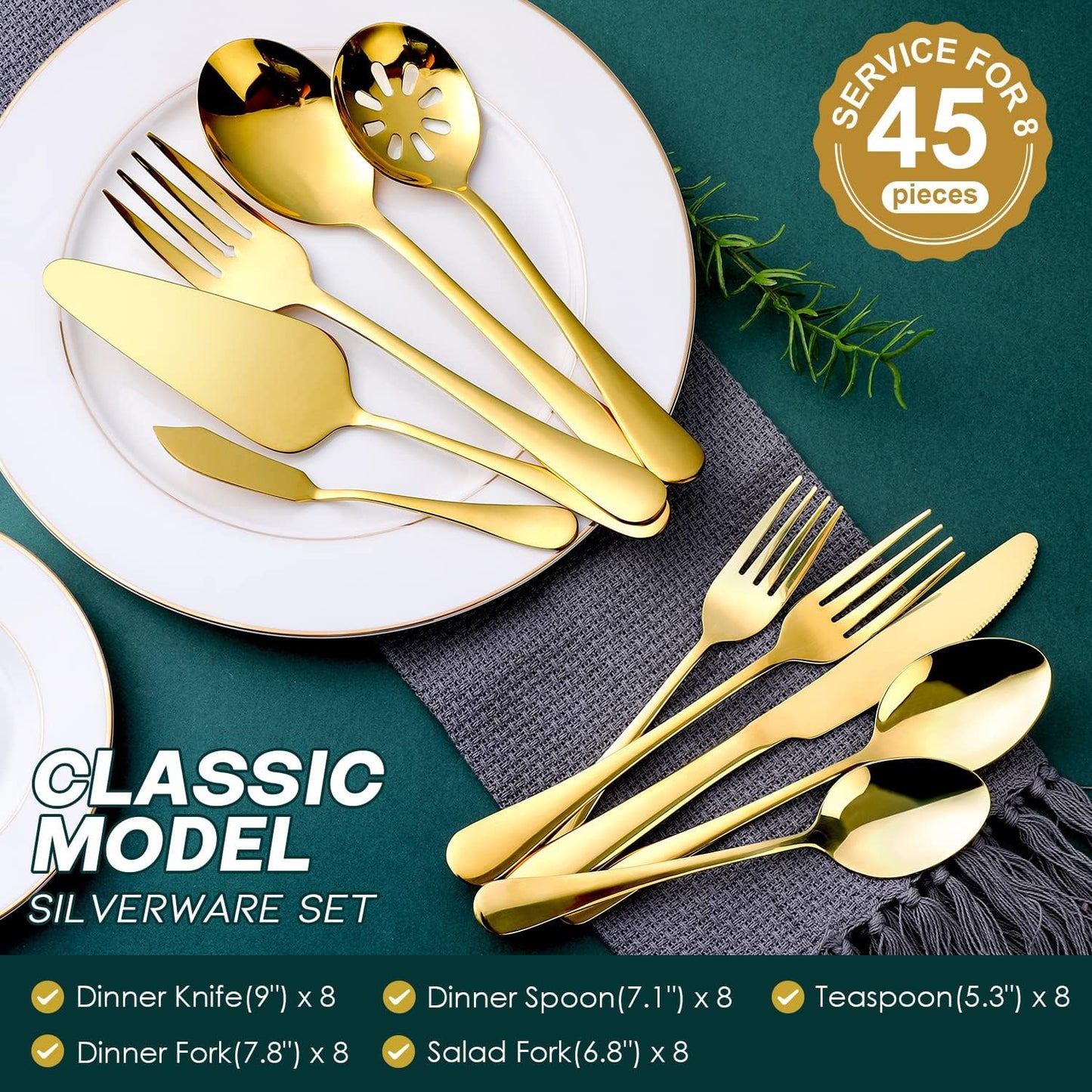Gold Silverware Set for 8, OGORI 45-Piece Stainless Steel Flatware Set with Serving Set, Mirror Polished Cutlery Set with Serving Utensils Spoon for Kitchen Party Supply