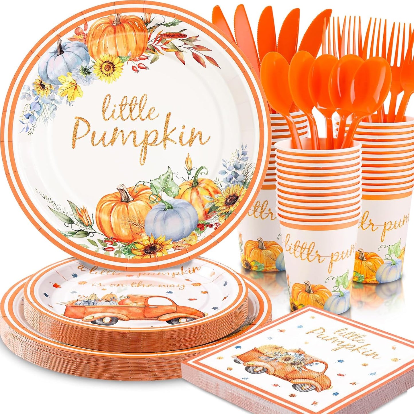168 Pcs Little Pumpkin Plates and Napkins, Fall Baby Shower Plates and Napkins Sets Serves 24, Little Pumpkin Baby Shower Decorations Boy, Orange Blue Autumn Farm Thanksgiving
