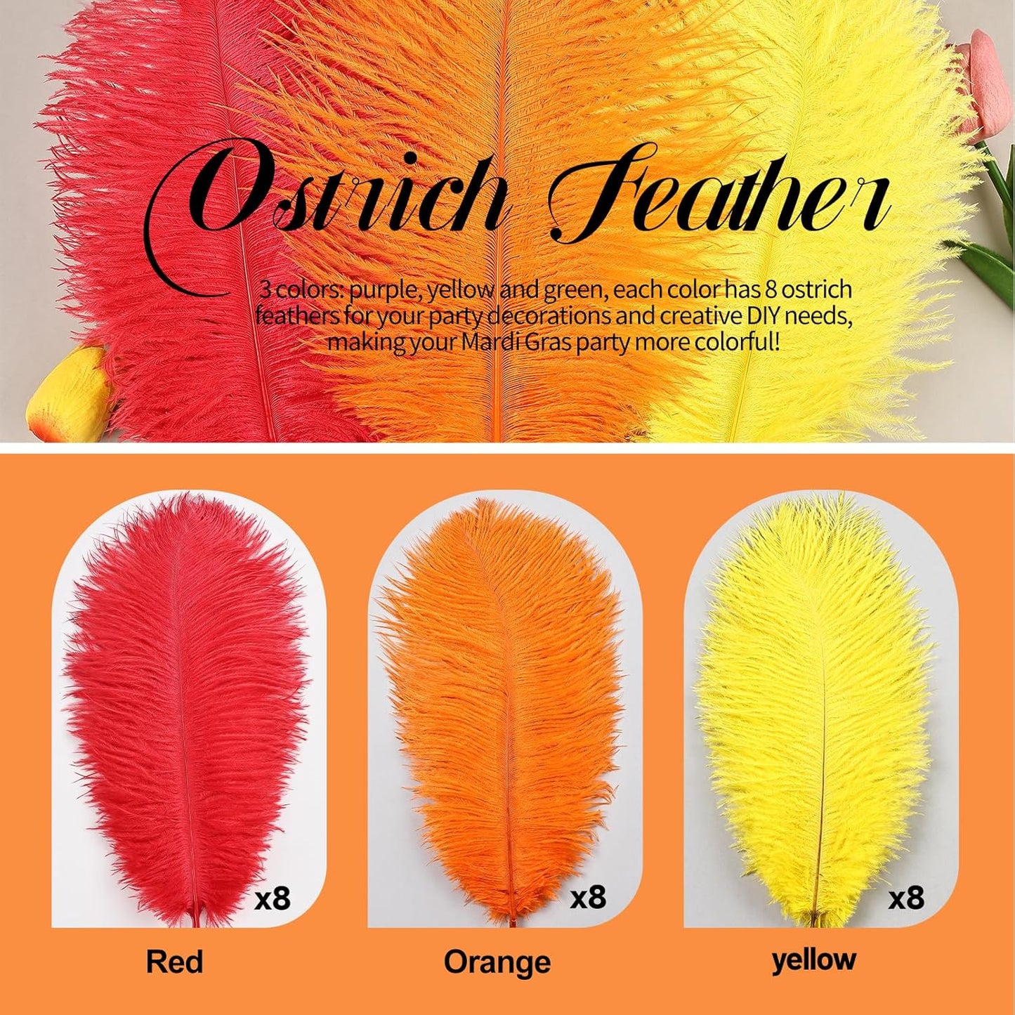 THARAHT Red Orange Yellow Ostrich Feathers 24pcs Natural Bulk 8-10Inch 20cm-25cm for Crafts Wedding Party Centerpieces Halloween and Home Decoration Feathers