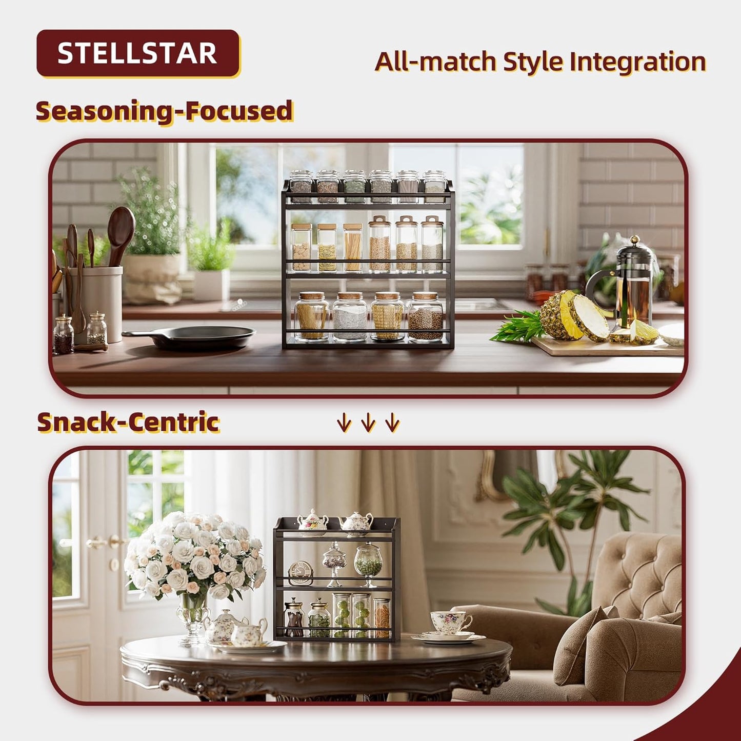 3 Tier Bamboo Wood Spice Rack, Seasoning Bottles Jars Organizer Shelf for Spices or Craft Supplies, Kitchen Counter or Wall Mounting (Brown)