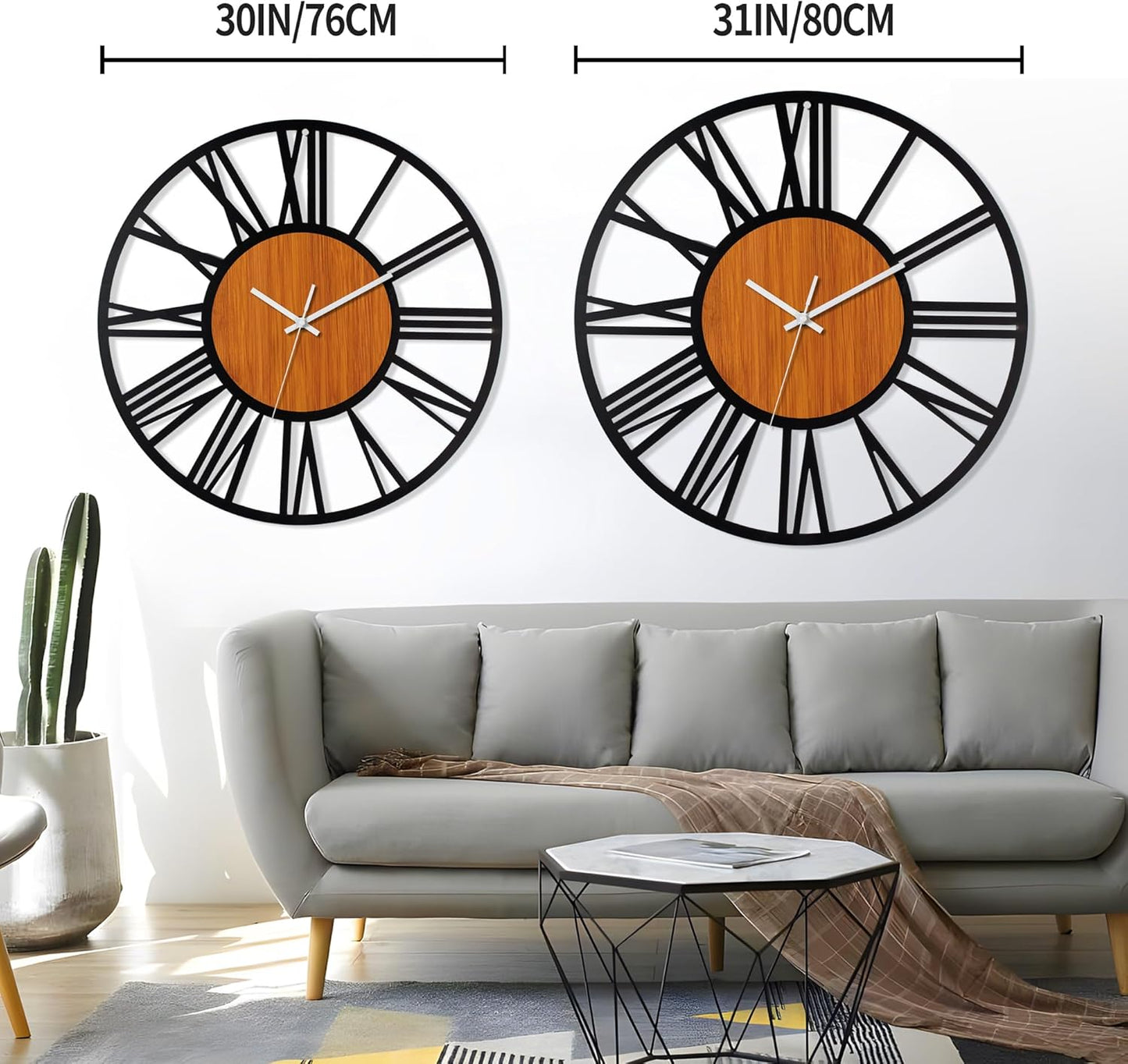 LEIKE 30" Oversized Large Wall Clocks,Silent,Non Ticking,Battery Operated Modern Round Big Wood Decorative Metal Wall Clock for Living Room, Bedroom,Kitchen,Farmhouse,Office Decor - Black,30 Inch