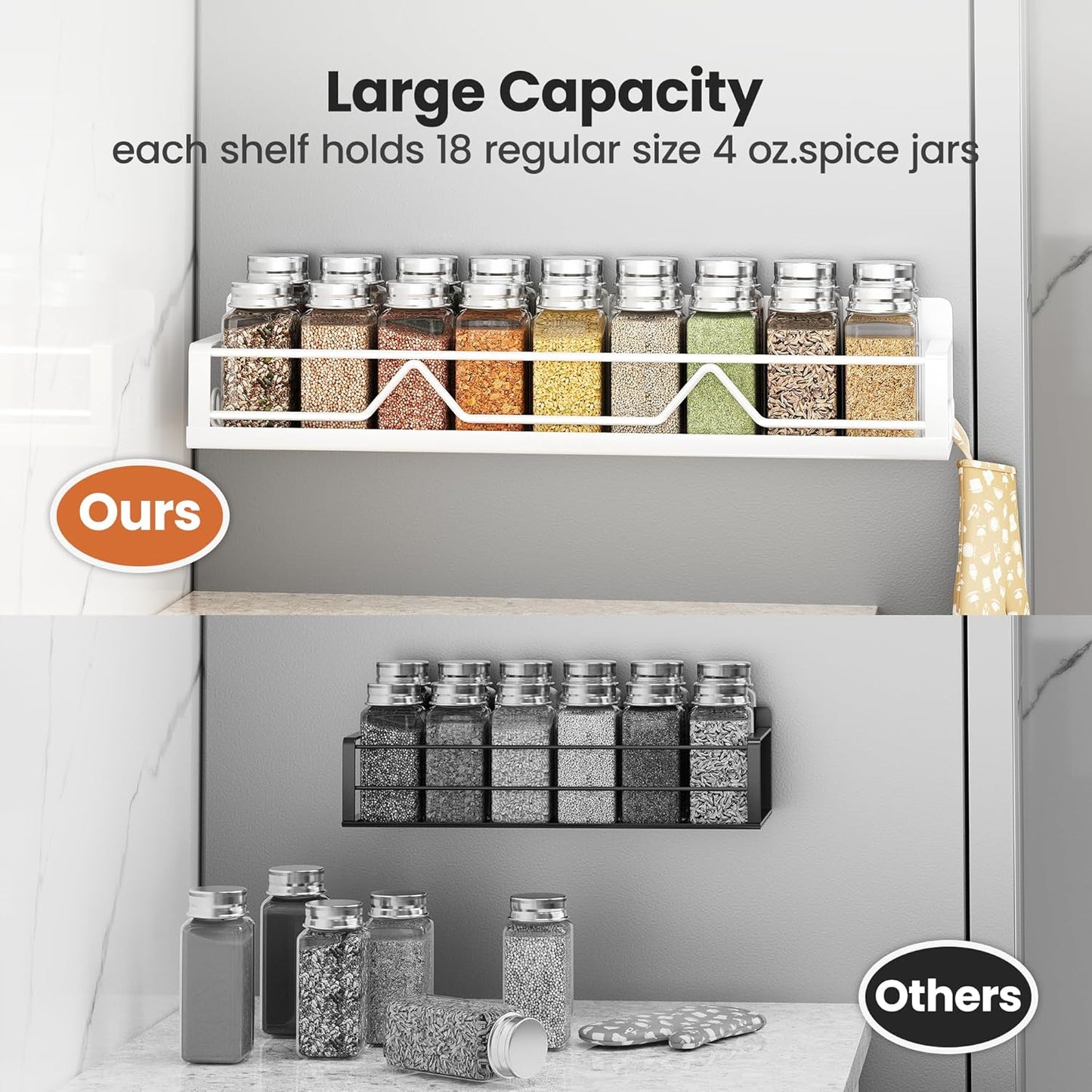 16.9 Inch Wide Large Capacity Magnetic Spice Rack for Refrigerator, 4 Pack Metal Fridge Shelf, White
