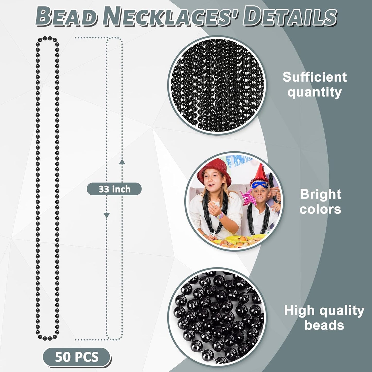 50PCS Bead Necklace, Black Mardi Gras Bead Necklace Party Favors, 33" Metallic Halloween Round Beaded Bulk, Festival Parade Throw Accessories for Mardi Gras Carnival Halloween Party Supplies Decor