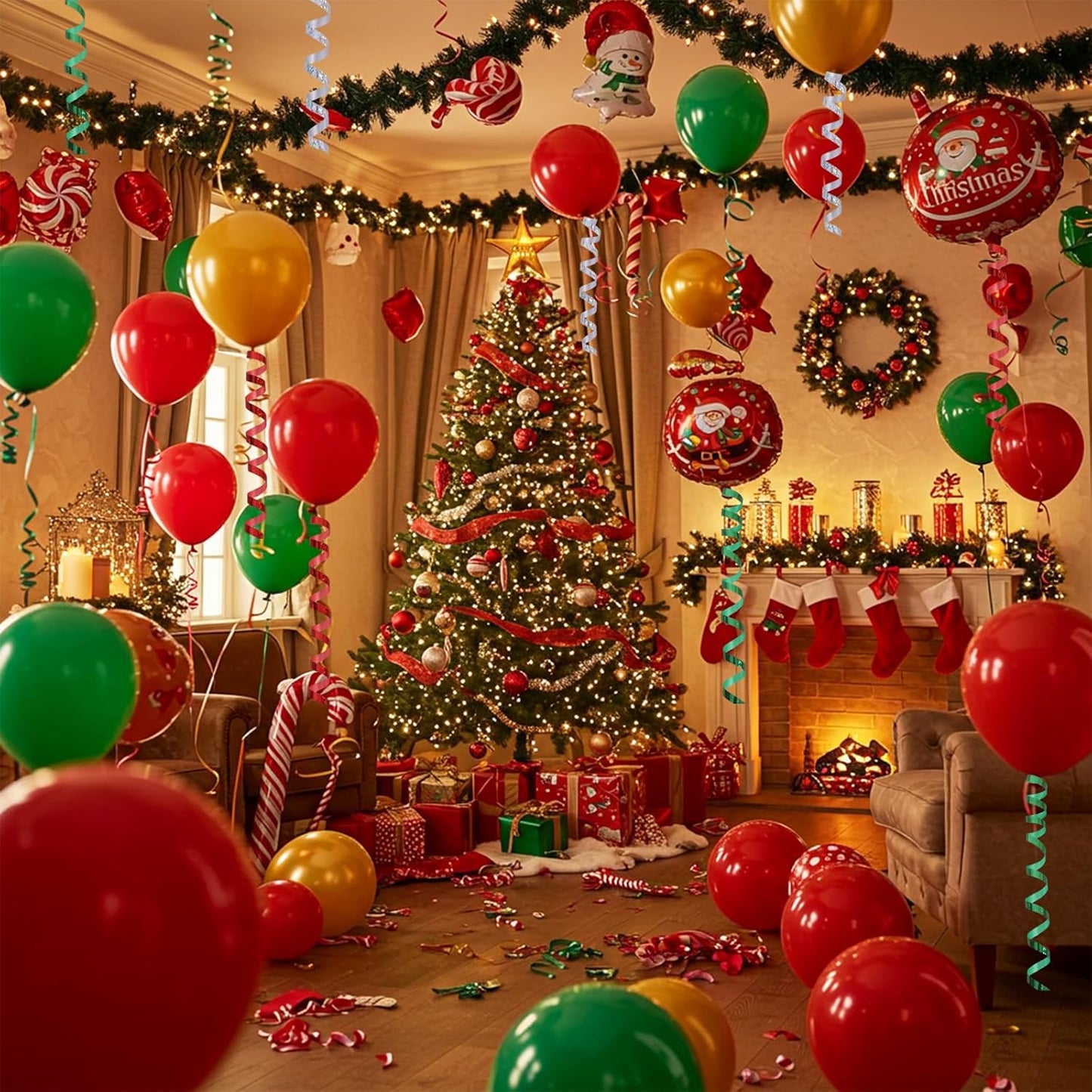 BEISHIDA 3 Pack Christmas Curling Ribbons Red Green Silver Balloons String Ribbons for Gift Wrapping Party Decorations（Total 300 Yards）