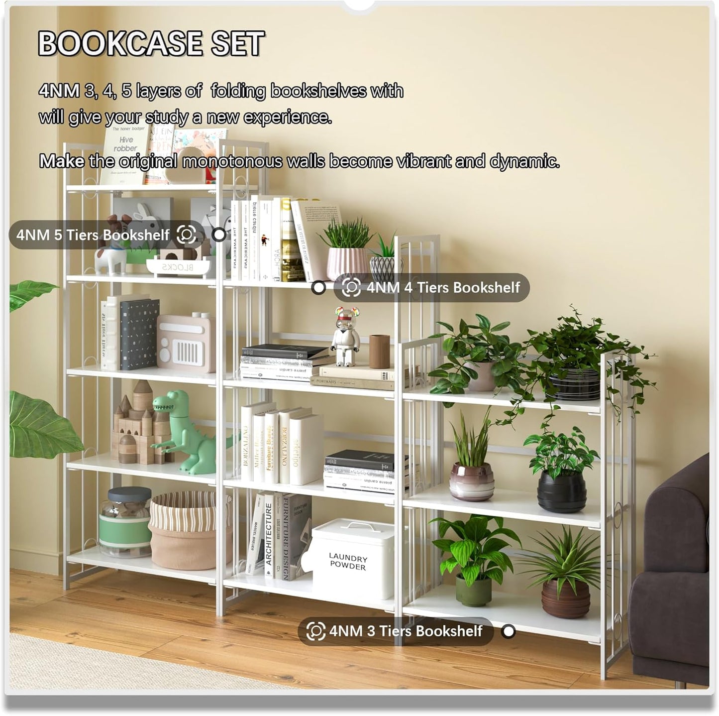 4NM No Assembly 4 Tiers Folding Bookshelf, 47.2" H Foldable Storage Shelves Vintage Bookcase Standing Racks Study Organizer Home Office - All White