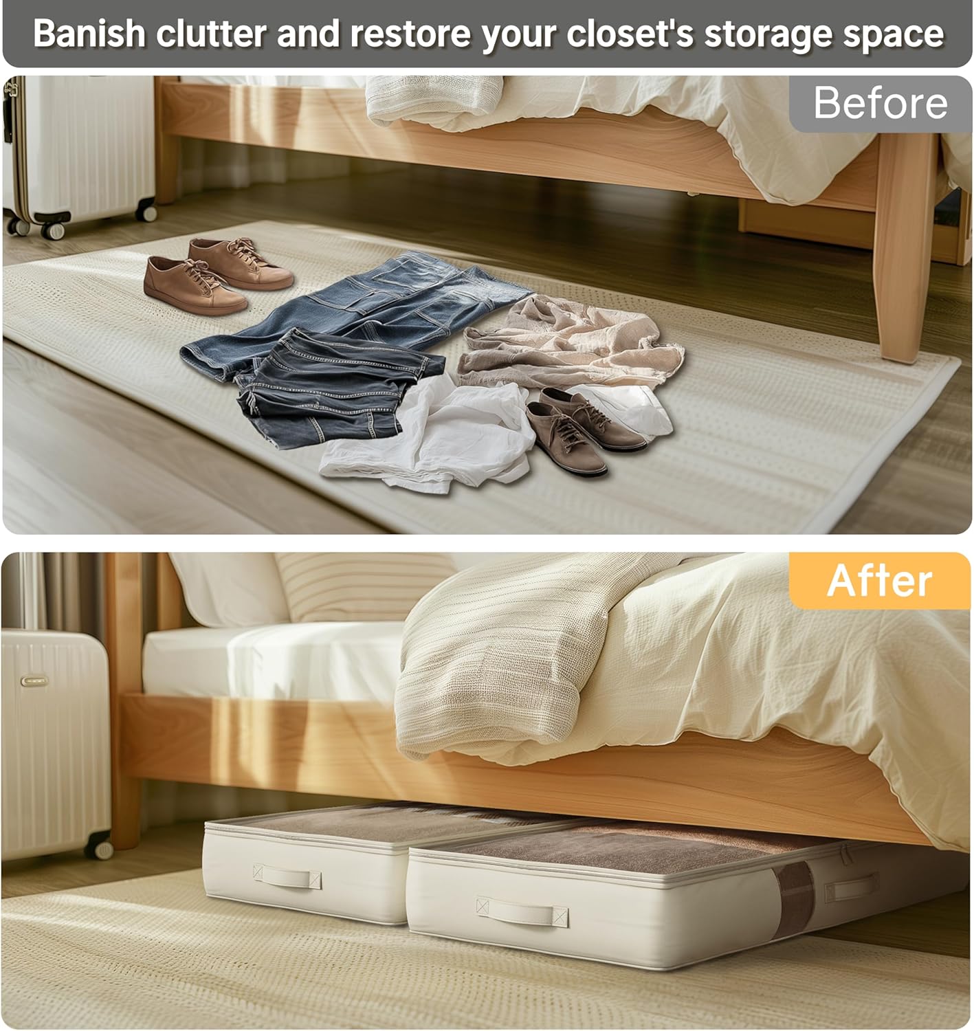 Under Bed Storage Containers with Window, Closet Organizers and Storage Bags, Foldable Underbed Storage Bags for Blankets, Clothing, Comforter, Linen Sheets, Wrapping Paper, 3 Pack, White Ivory