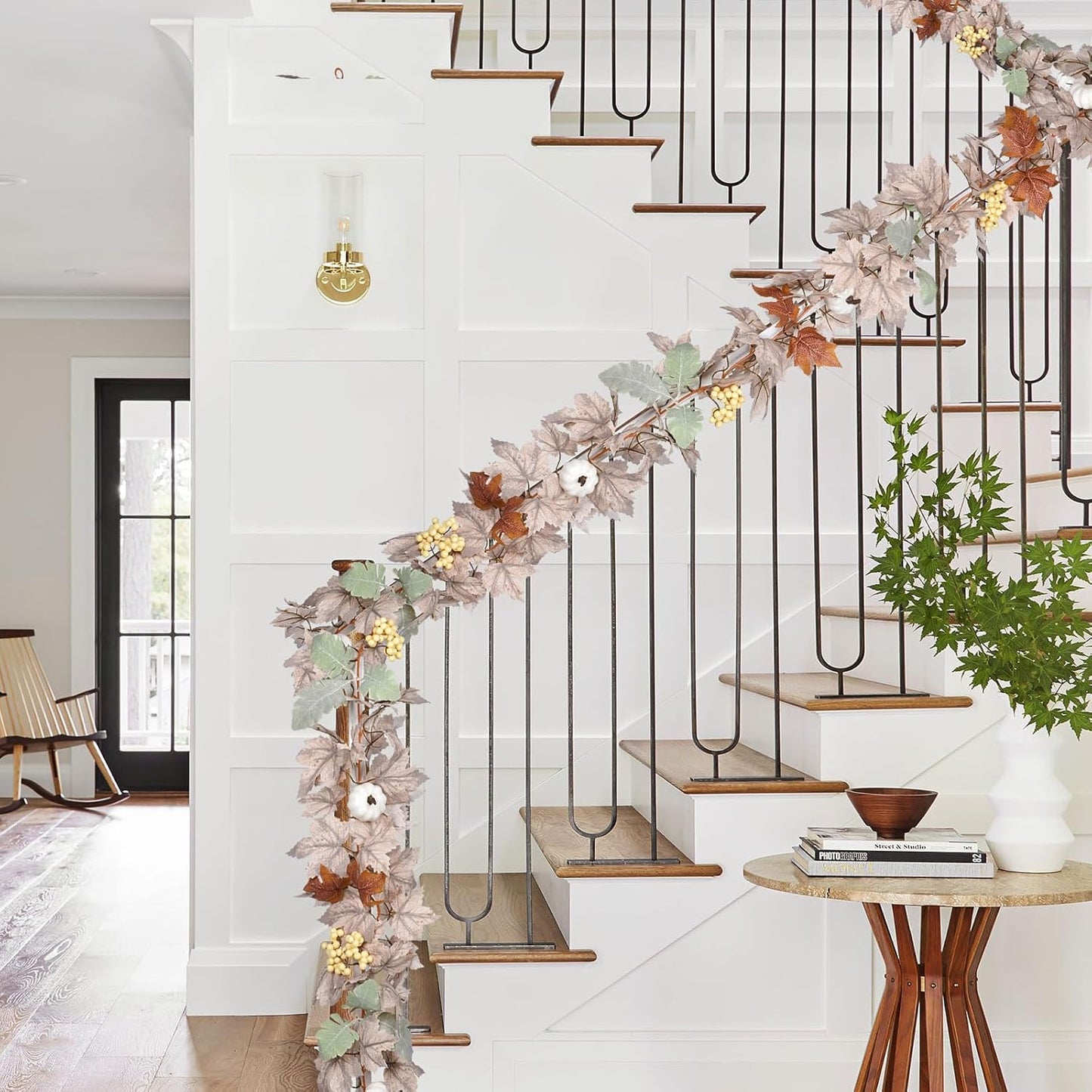 DearHouse Pumpkin Fall Maple Leaf Garland, 6Ft Hanging Vine White Maple Garland Artificial Autumn Foliage Thanksgiving Decor for Home Wedding Fireplace Party Christmas