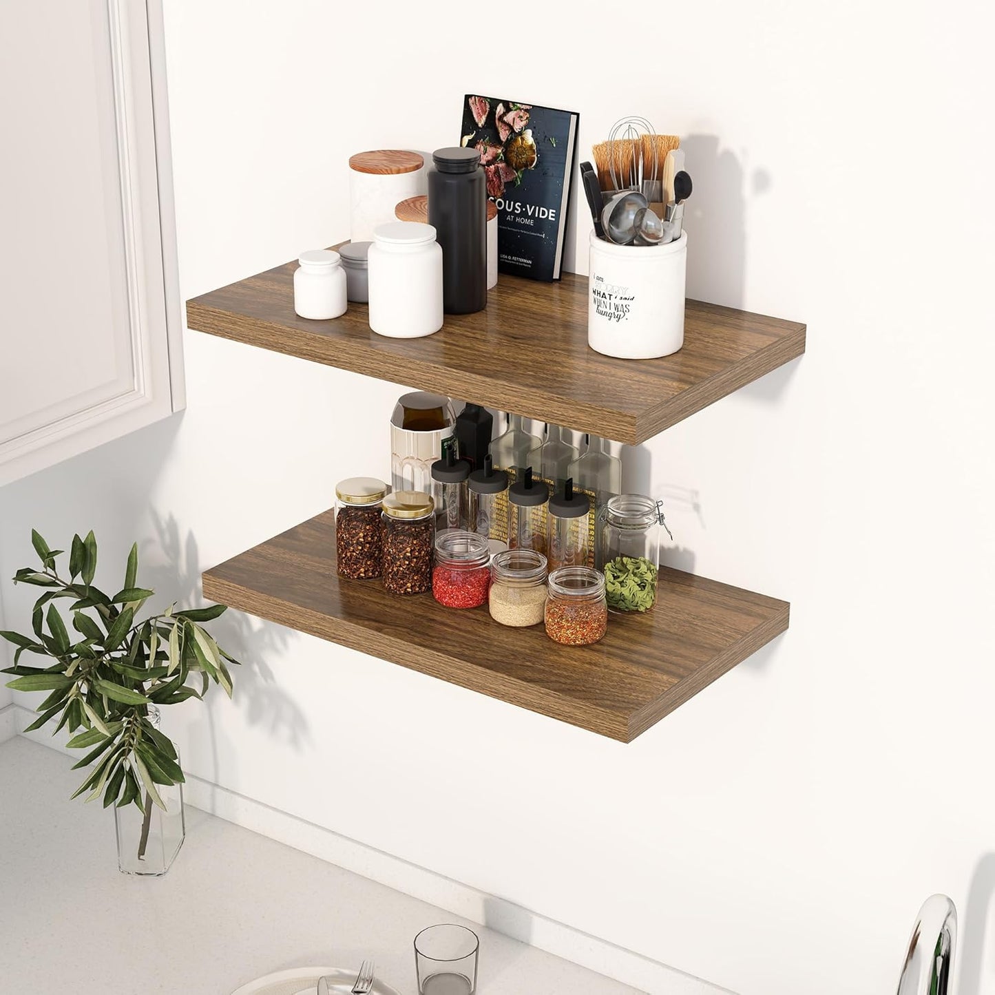 24" Floating Shelves for Wall, 12" Deep Slim Walnut Floating Shelves, Wall-Mounted Shelves for Bedroom, Living Room, Kitchen, Bathroom - Set of 2