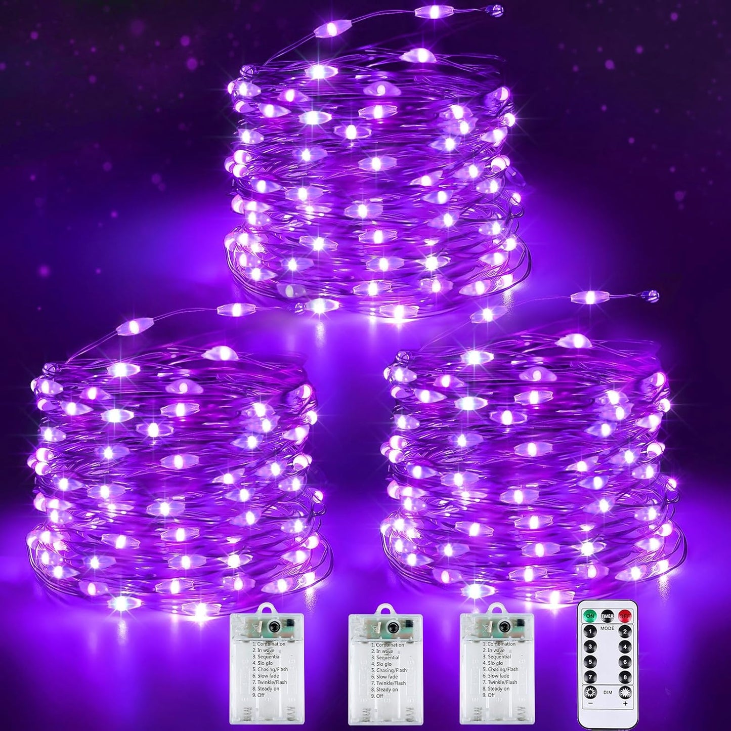 3 Pack Fairy Lights Battery Operated with Remote & Timer, 26 FT 80 LED Halloween String Lights Outdoor Indoor Decoration, 8 Modes Twinkle Lights for Halloween Party Christmas Bedroom Décor (Purple)