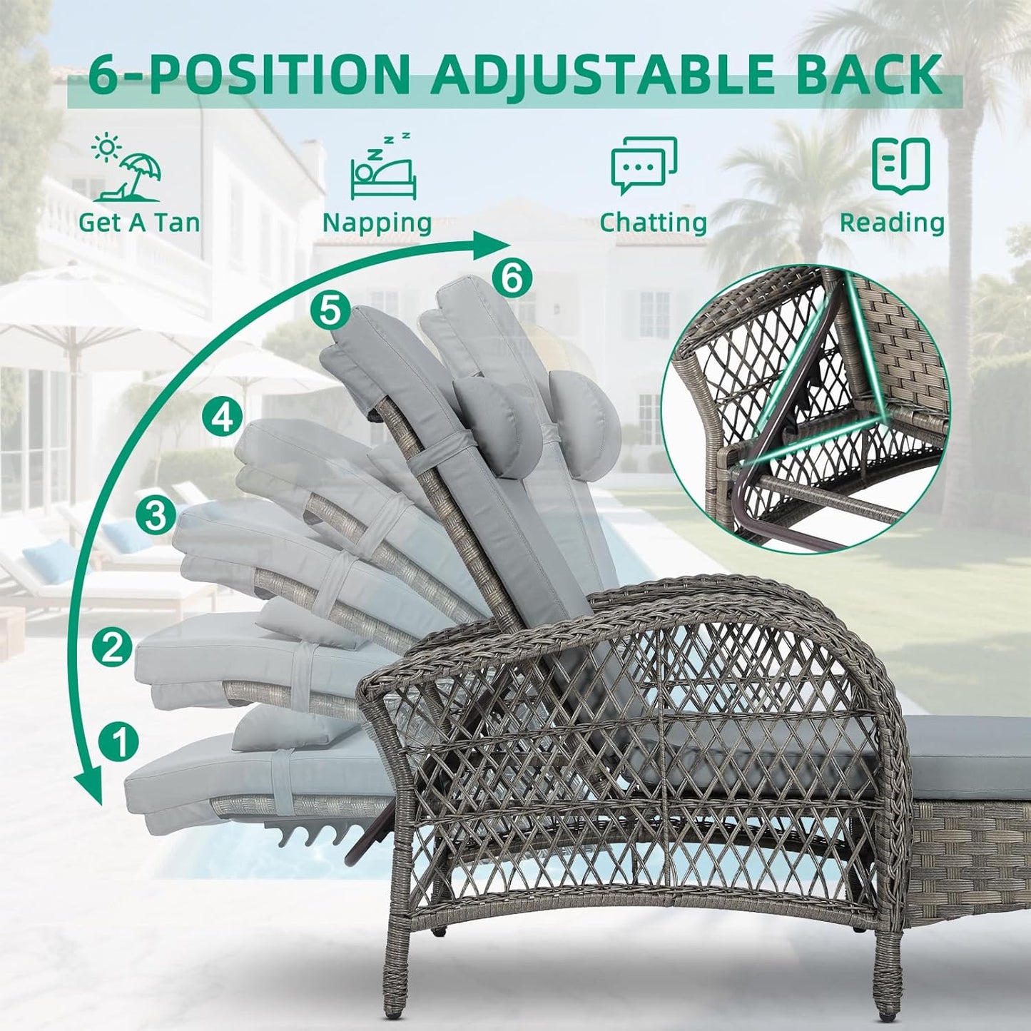 VIVIJASON 3 Pieces Outdoor Wicker Chaise Lounge Chair Set, All-Weather PE Rattan Cushioned Patio Lounger Set of 2 with Side Table, Adjustable Pool Sunbathing Recliner with Armrest & Pillow, Gray