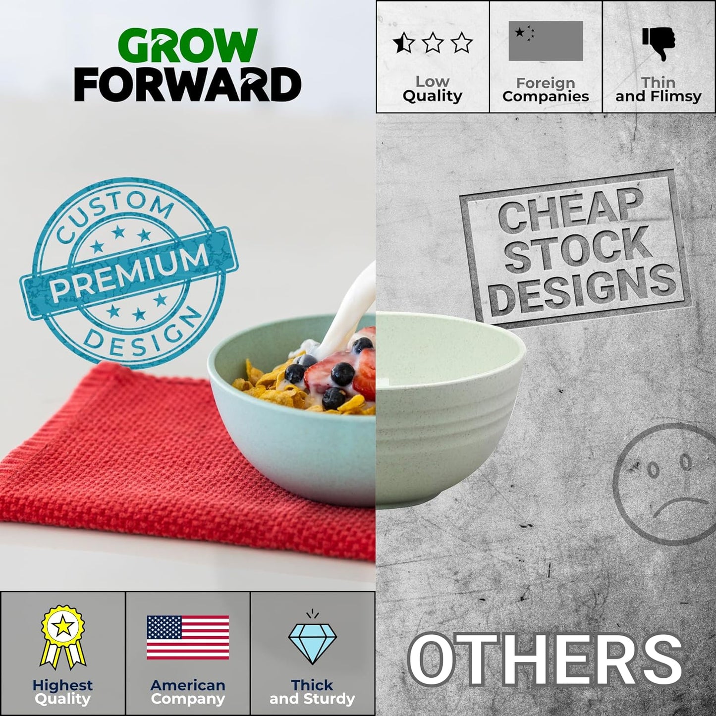 Grow Forward Premium Wheat Straw Bowls - 27oz Microwave Safe Plastic Cereal Bowls Set of 8 for Kitchen, Camping, RV, Dessert, Snack, Soup, Salad, Fruit - Reusable, Unbreakable & BPA Free - Tropical