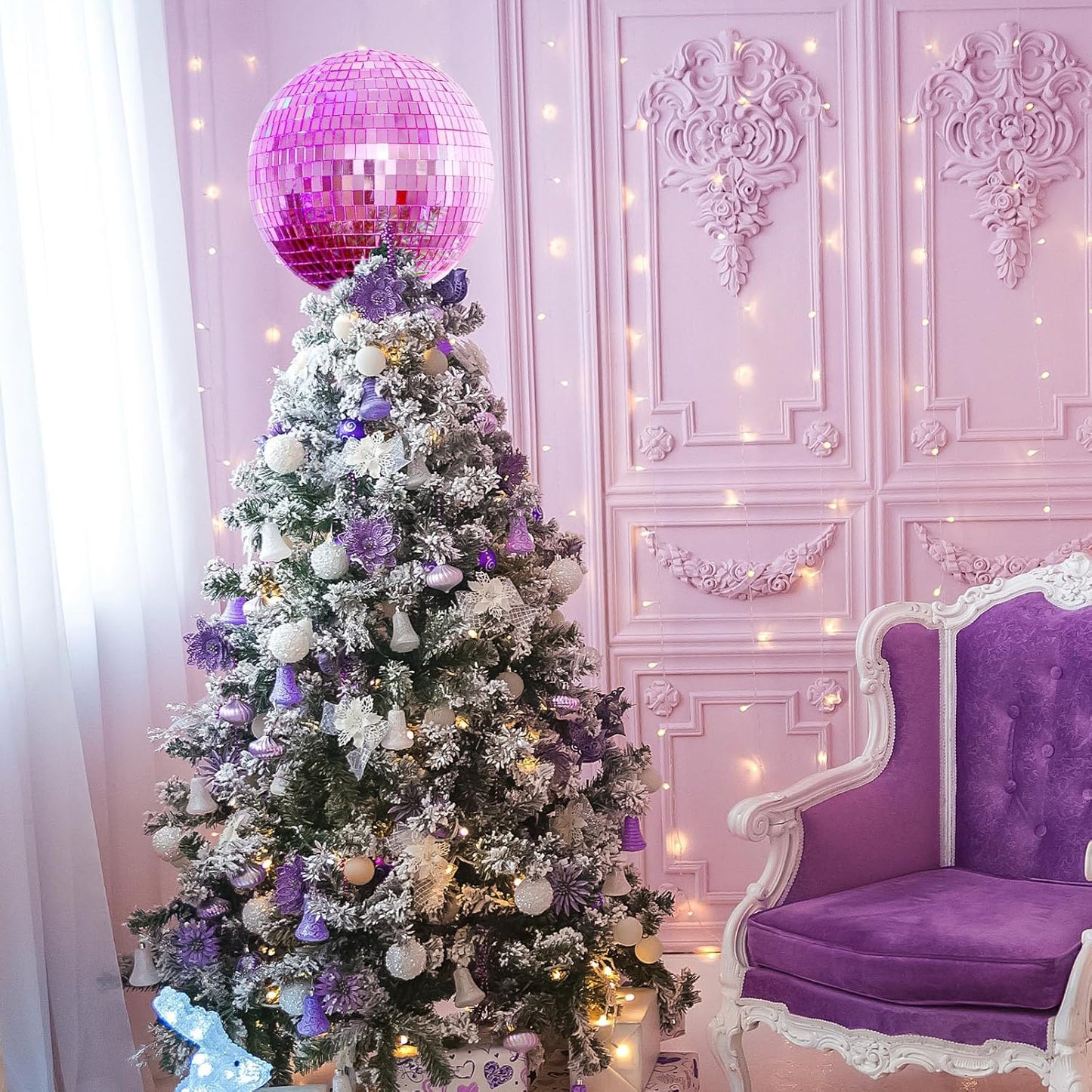 Retisee 8'' Pink Disco Ball Christmas Tree Topper Disco Mirror Ball Xmas Tree Topper 3D Hollow Pink Disco Ball Decor Disco Ball Ornament for 70s Disco Holiday Wedding Birthday Party Decorations