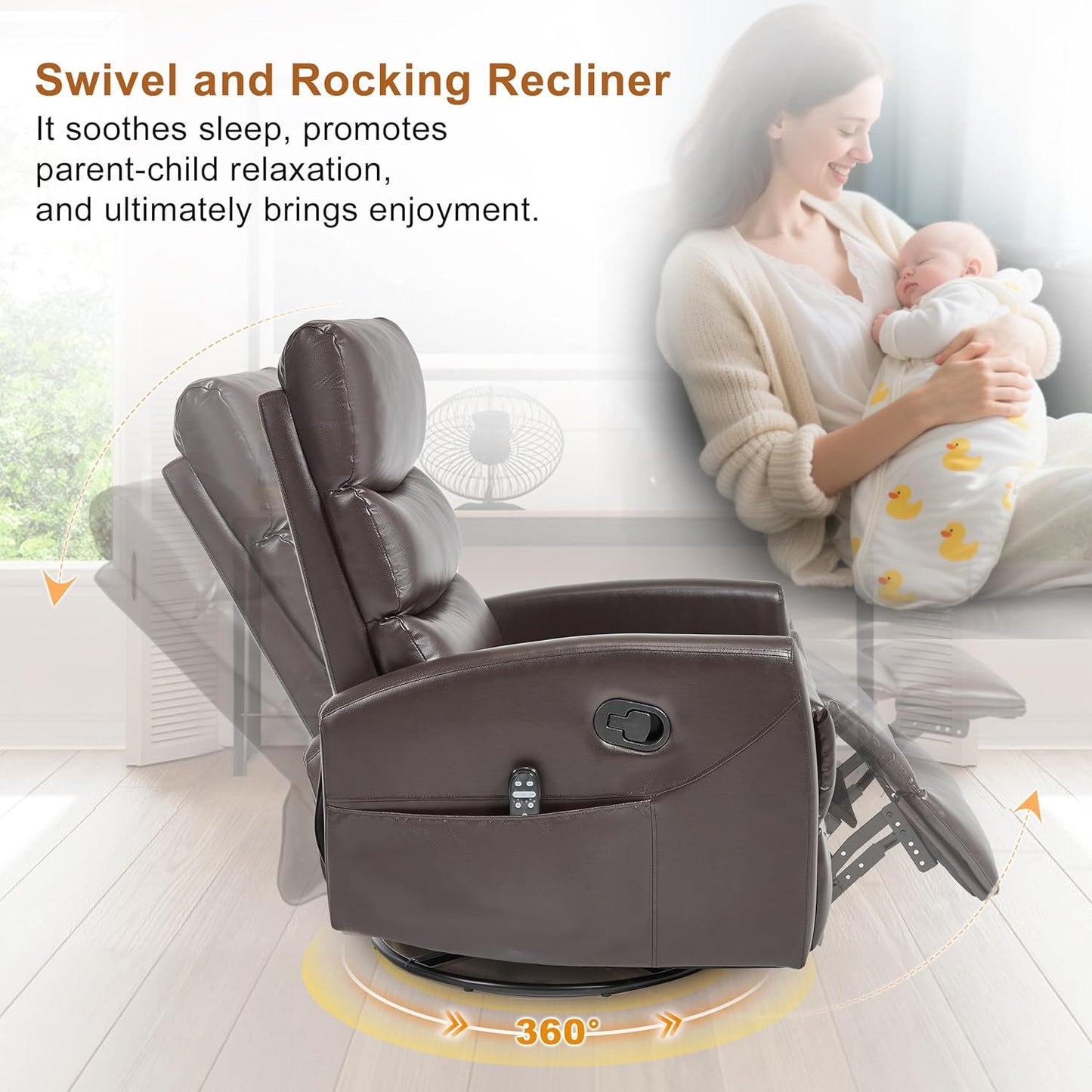 Manual Swivel Rocker Recliner Chair for Adults, Overstuffed Reclining Glider Chair for Nursing with Vibration Massage & Heat, Living Room Rocking Recliner 3-Stage backrest, Faux Leather Brown