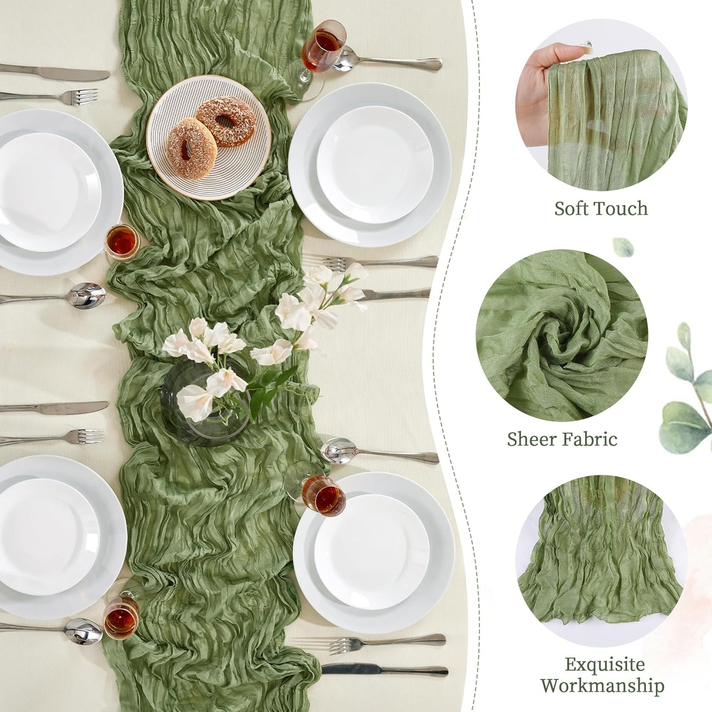 6 Pack Sage Green Cheesecloth Table Runner 10FT Long Boho Gauze Table Runner Rustic Sheer Runner for Wedding Bridal Baby Shower Birthday Party Table Decor Thanksgiving Christmas Decorations