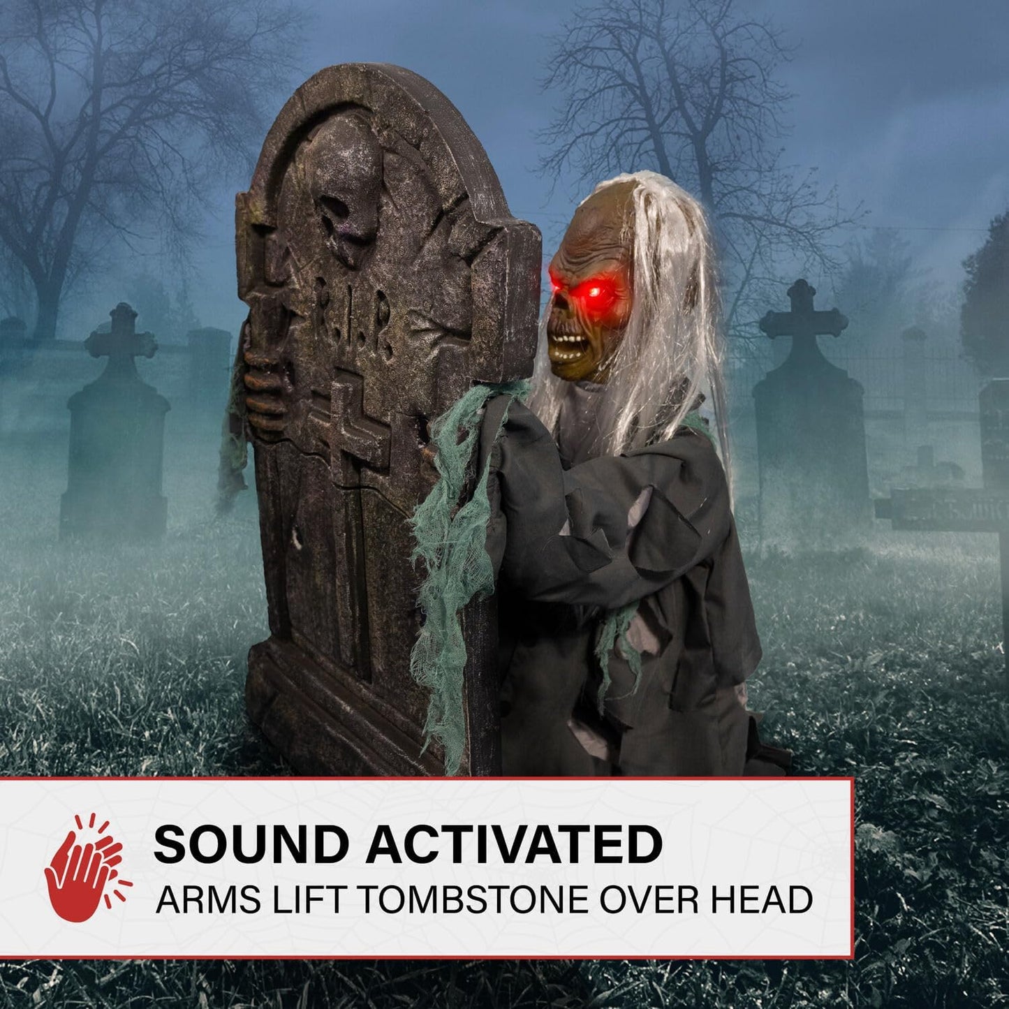 Haunted Hill Farm Tombstone Lifter by Tekky, Battery-Operated, Sound Activated Animatronic Zombie with Sound Effects and Lights for Indoor or Covered Outdoor Creepy Halloween Decoration