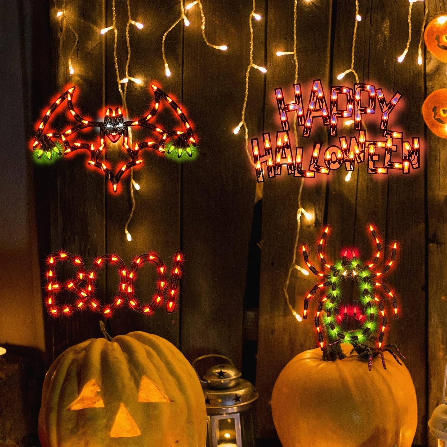 4-Pack Lighted Halloween Window Silhouette Decoration,Hanging Light Up Holiday Ornament( Cobweb,Jack-O-Lantern,Cat,Skull)