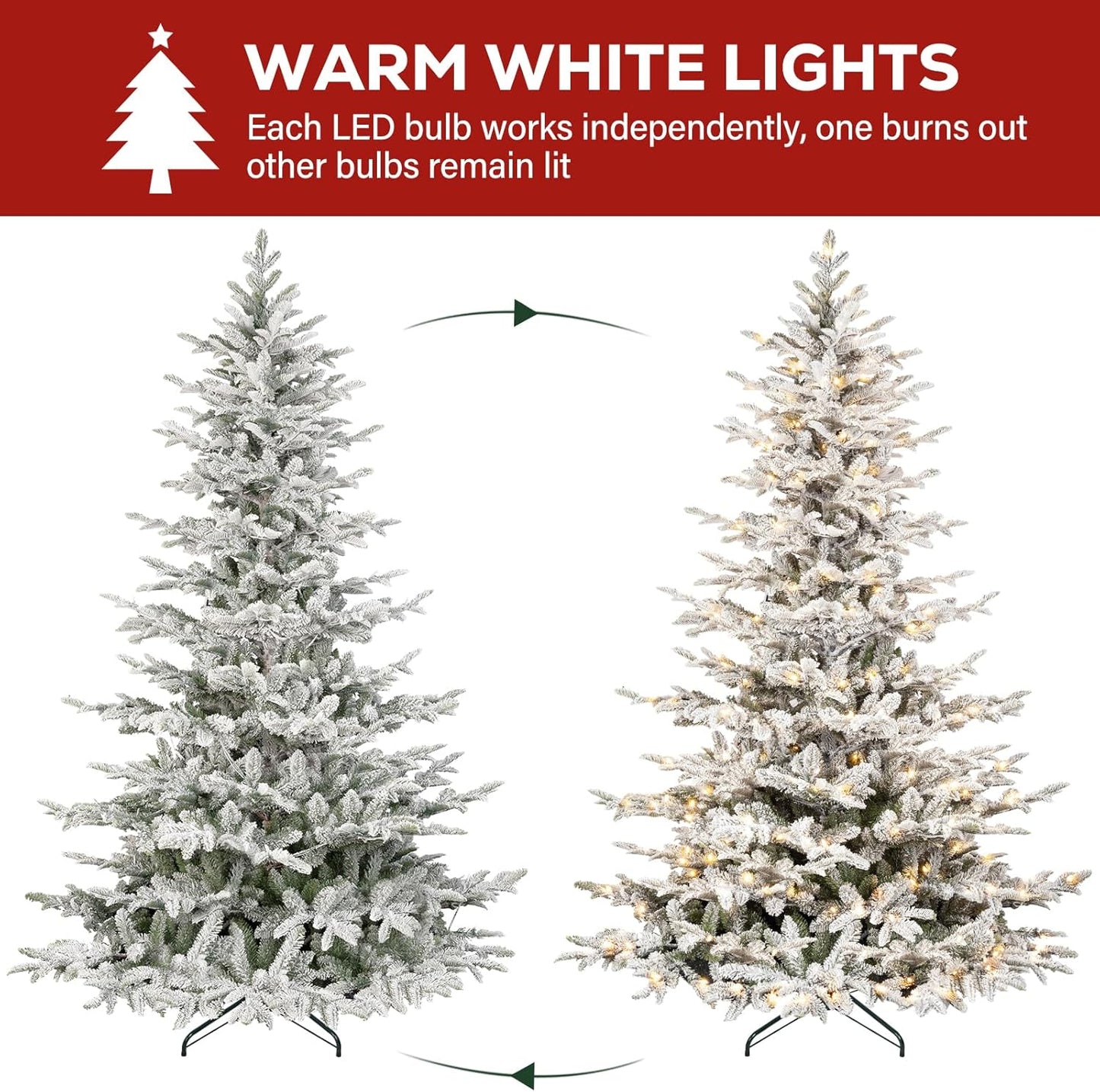 Hykolity 7.5 ft Snow Flocked Christmas Tree, Prelit Artificial Christmas Tree with 450 Warm White Lights, 1173 PE & PVC Branch Tips, Metal Stand and Hinged Branches