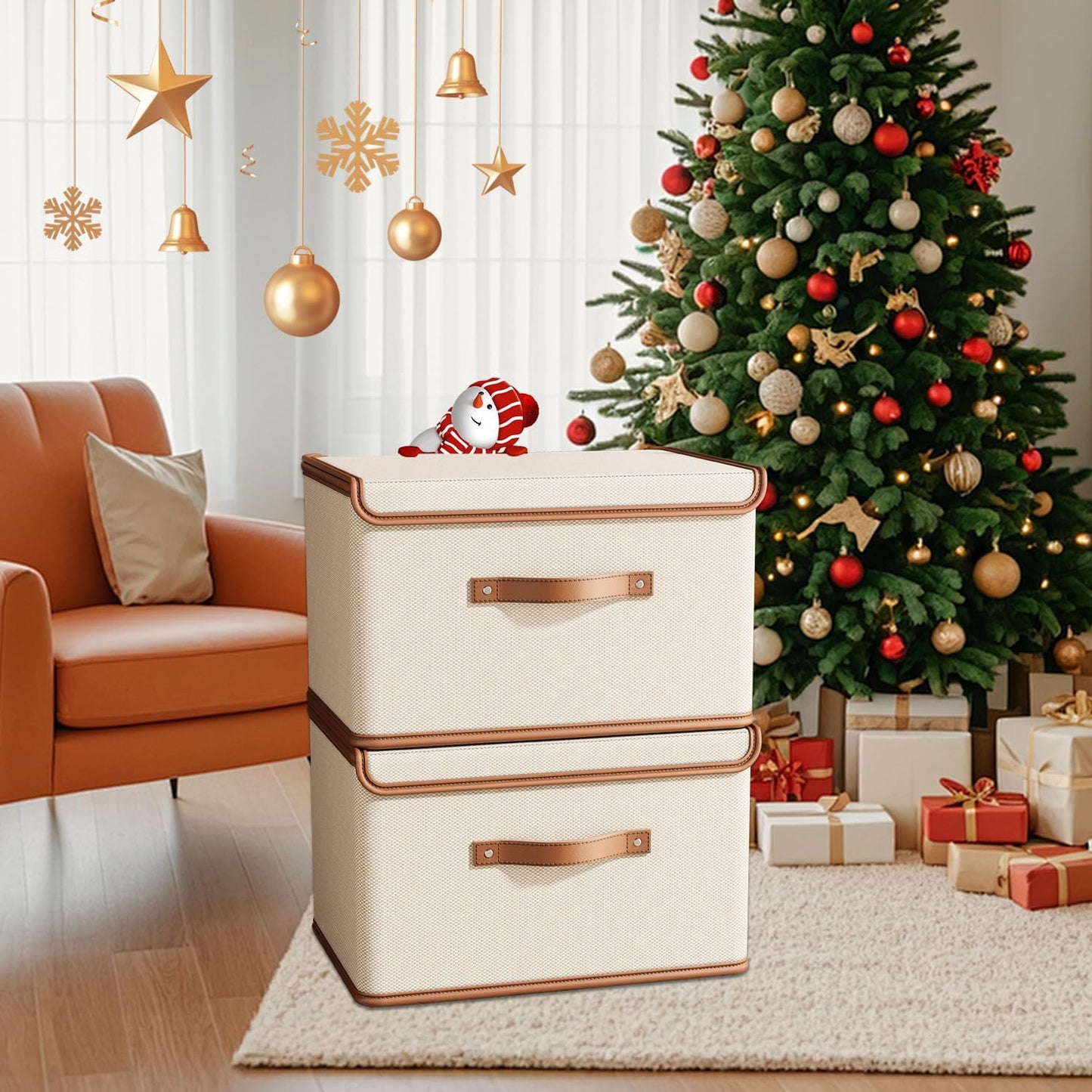 Tuza 4 Pack Storage Bins with Lids, Collapsible Closet Organizer Container, Fabric Organizer Box with Handles, Decorative Storage Boxes with Lids for Organizing Clothes, Blanket, White, Extra Large