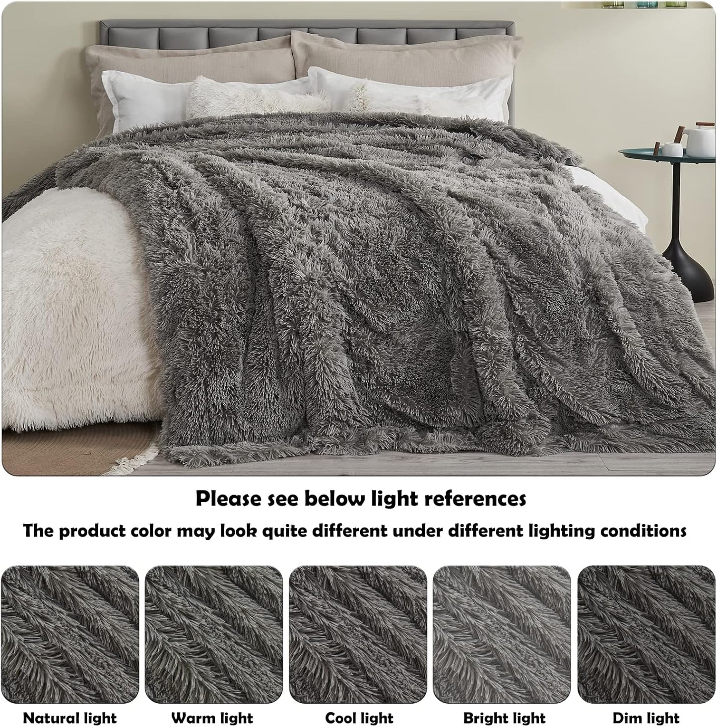 GONAAP Fuzzy Faux Fur Throw Blanket Queen Size Light Grey Super Soft Cozy Plush Fuzzy Shaggy Blanket for Couch Sofa Bed (Light Grey, Queen(90"x90"))